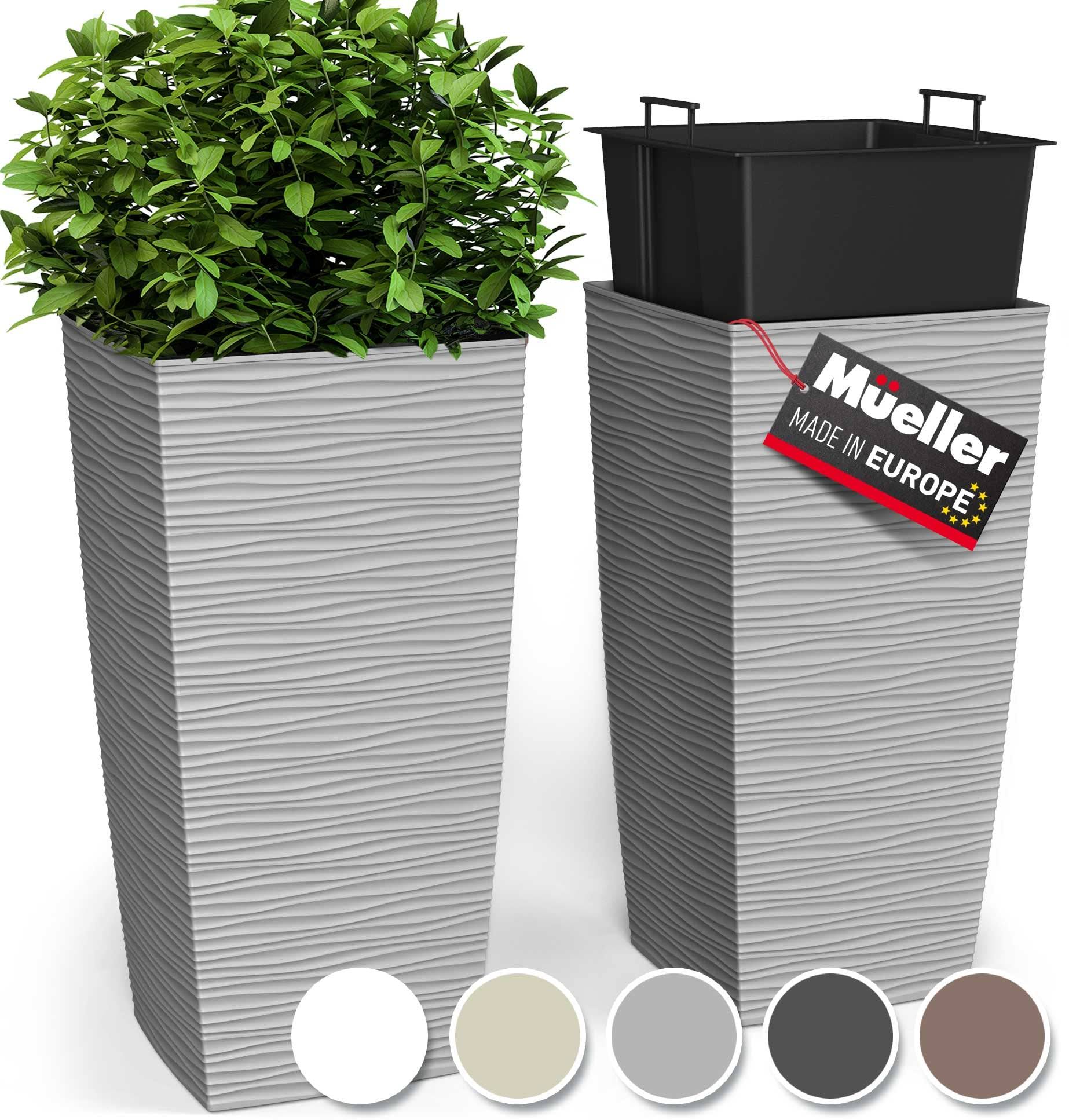 Mueller M-Resin Heavy Duty Tall Planter, Indoor/Outdoor Grande Plant, Tree, Flower Pot, 2-Piece Set, 18��, Modern Design, Built-In Drainage, Light Grey