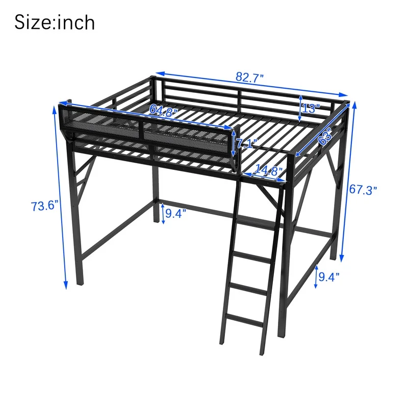 Queen Size Metal Loft Bed Frame, Heavy Duty Steel High Loft Bed with Storage Shelves Ladder, Space-Saving Loft Bed for Apartments, Adults, Teens Juniors (Black)(Queen/Black) - Image 4