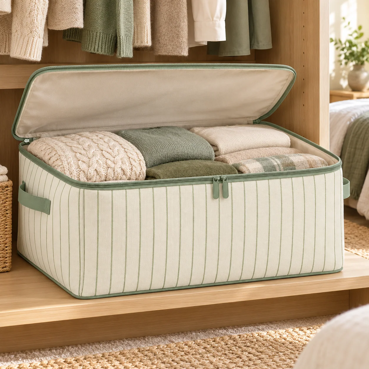 Sage Stripe Seasonal Clothes Storage Bag, Wide