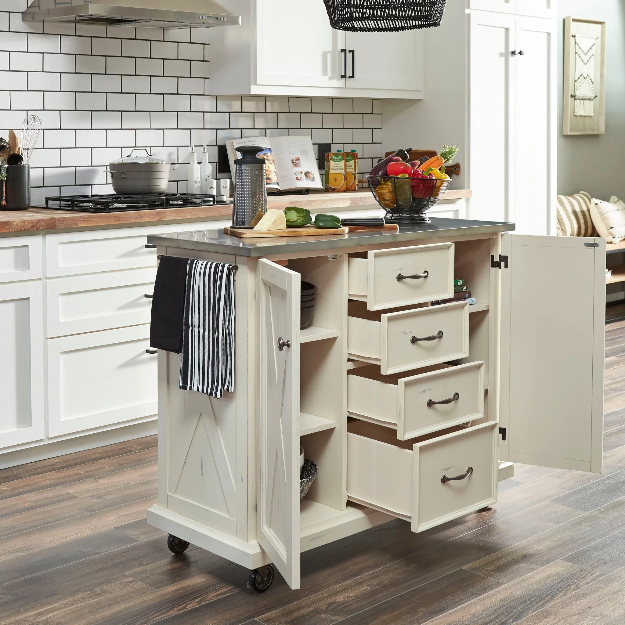 Homestyles Seaside Lodge Off - White Kitchen Cart with Stainless Steel Top - 45' x 16' x 36'