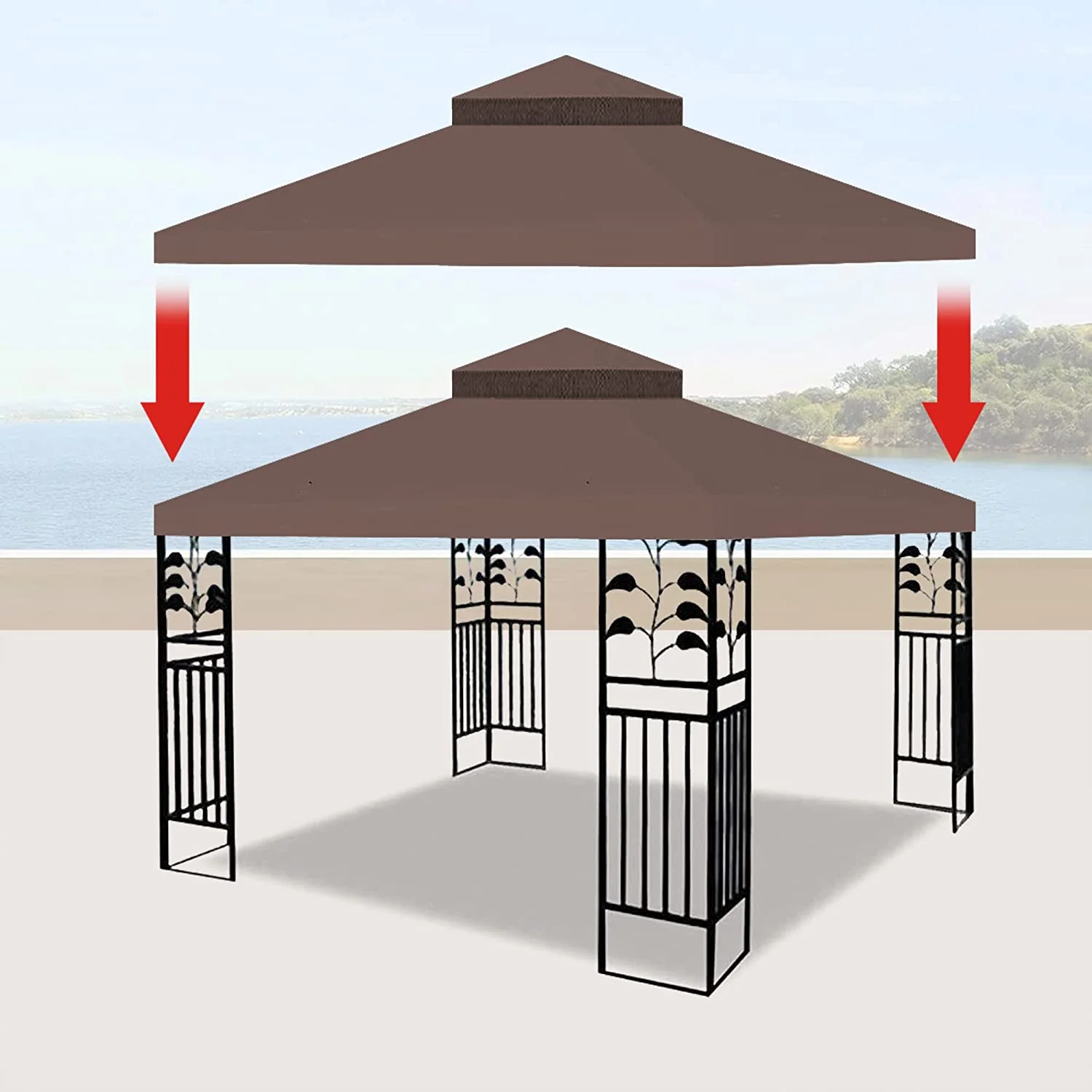10x10 Ft Gazebo Canopy Replacement Cover, Double Tiered Gazebo Replacement Top (Coffee)(Coffee) - Image 4