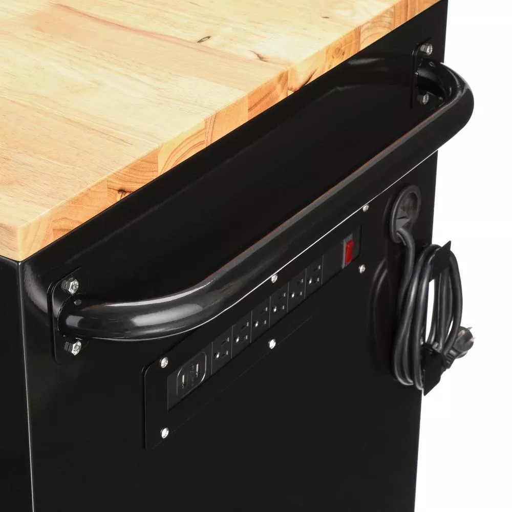 Établi mobile de 157 cm (62 po) à 14 tiroirs avec plateau en bois massif, noir