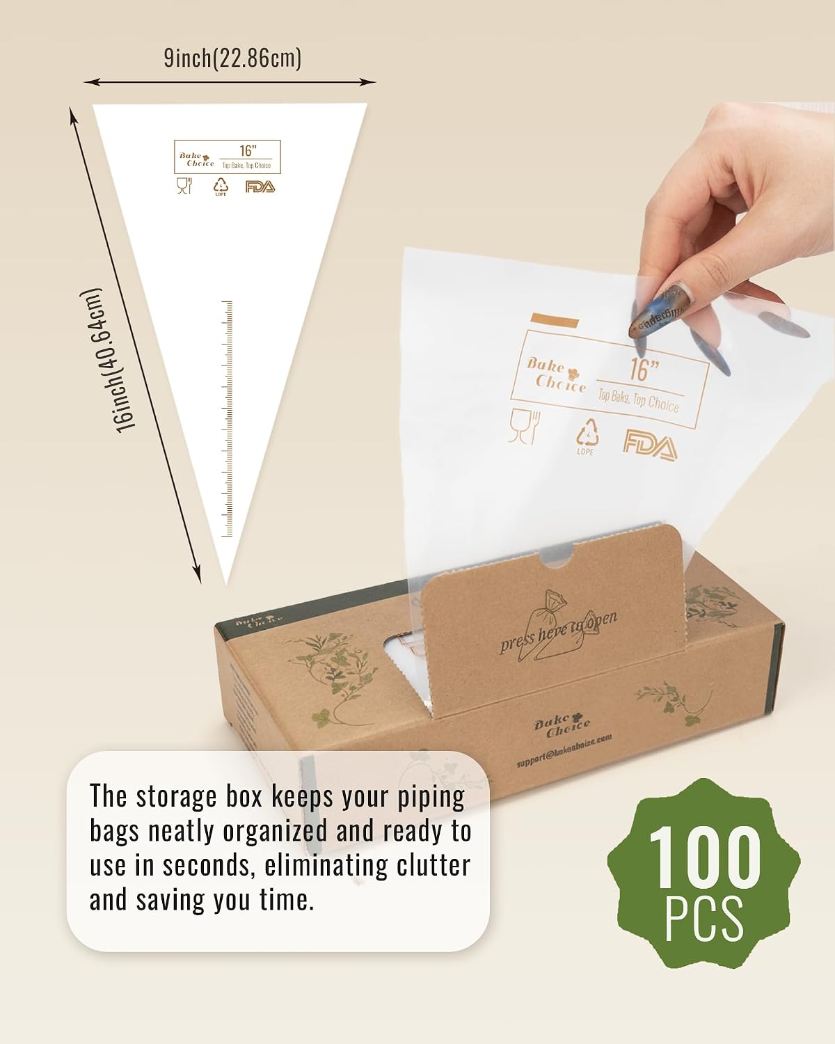 Bake Choice 16 Inch Large Piping Bags, 100 Thickened Disposable Pastry Bags