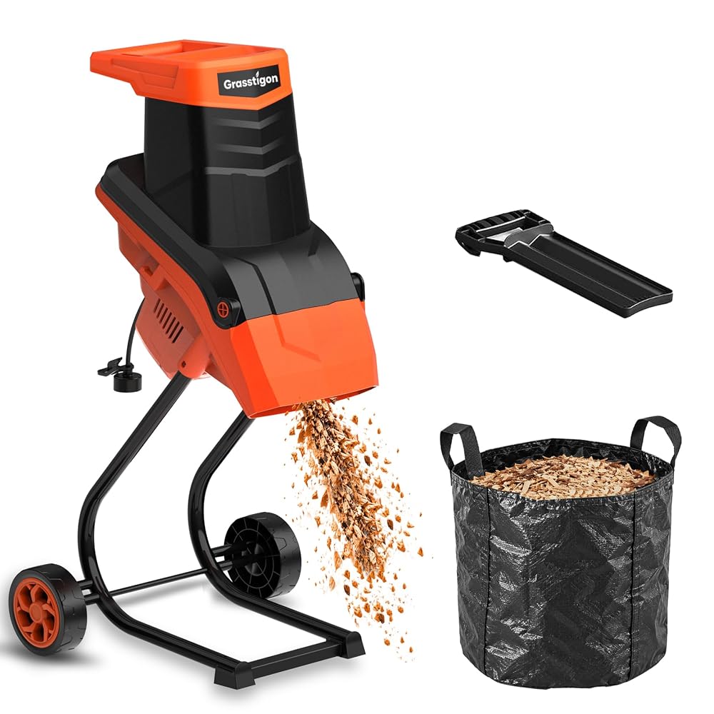 Grasstigon Electric Wood Chipper Shredder, 15 Amp, 4,200 RPM, 1.77-Inch Cutting Capacity, 21:1 Reduction Ratio, 13.2-Gallon Collection Bag for Branches and Yard Waste, Orange