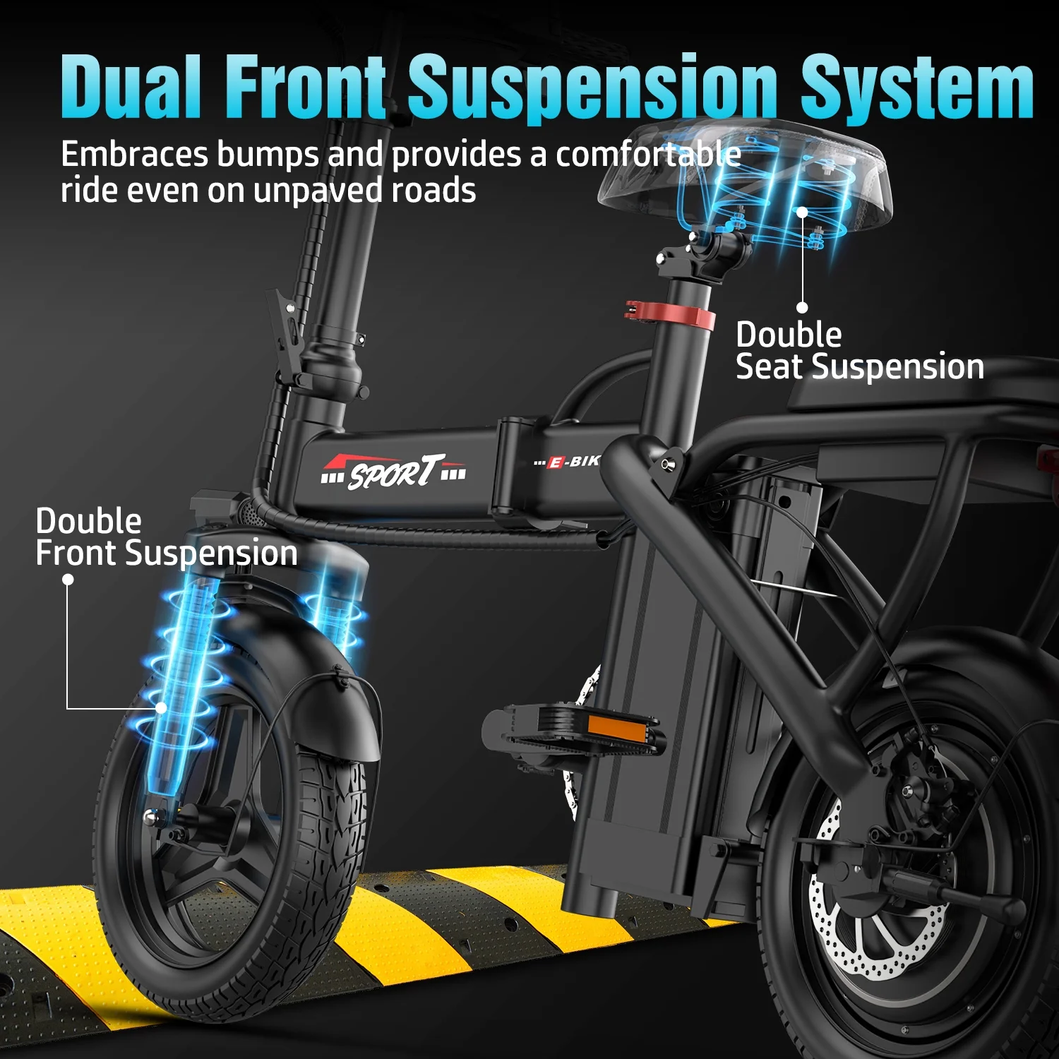 Z6 14" Electric Bike 1200W Motor, 48V/10AH E-Mountain Bike,Folding Electric Bicycle for Adult with Two Seats UL2849,Unisex,Pedal-Assist - Image 3