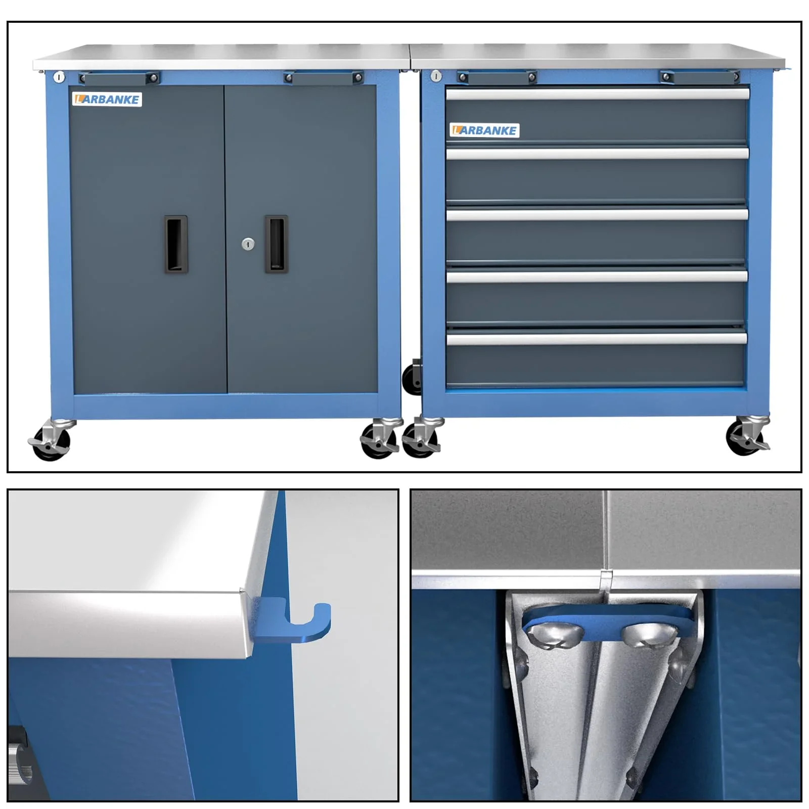Rolling Tool Chest 5-Drawer Tool Cabinet with Stainless Steel Top Key Lock Heavy-Duty