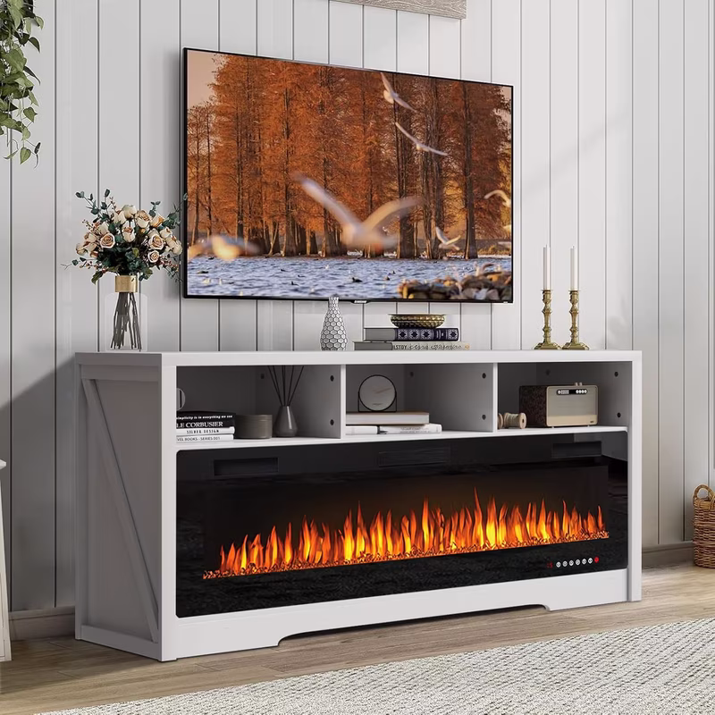 Fireplace TV Stand for TVs Up to 75" TV with 60" Electric Fireplace,Entertainment Center with Open Shelve Storage(Black) - Image 3
