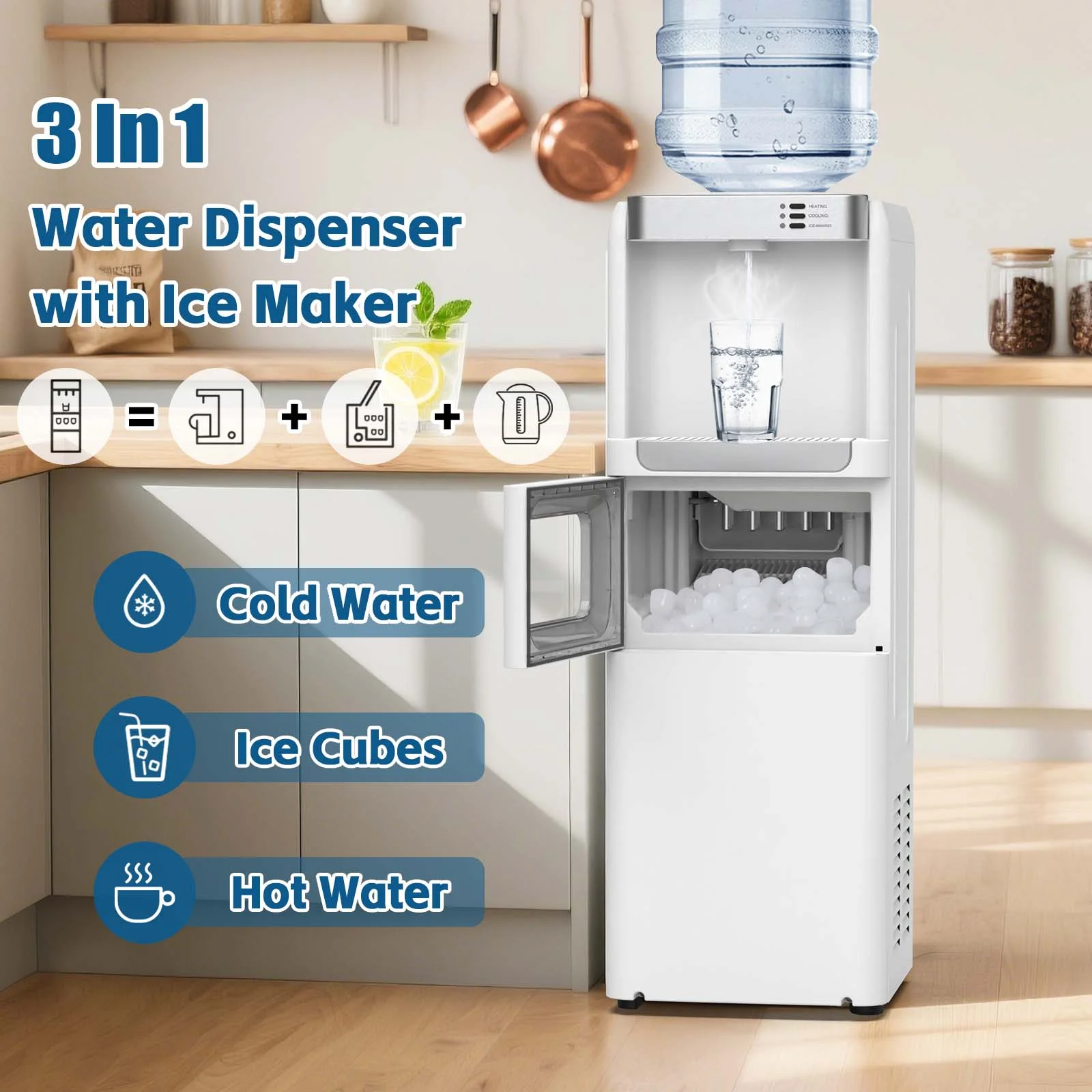 Advwin 3 - in - 1 Water Dispenser with Ice Maker, 33 lb/24H, Top Loading 3 or 5 Gallon, Water Cooler Dispenser for Home Office, Hot & Cold Water Dispenser, Child Lock