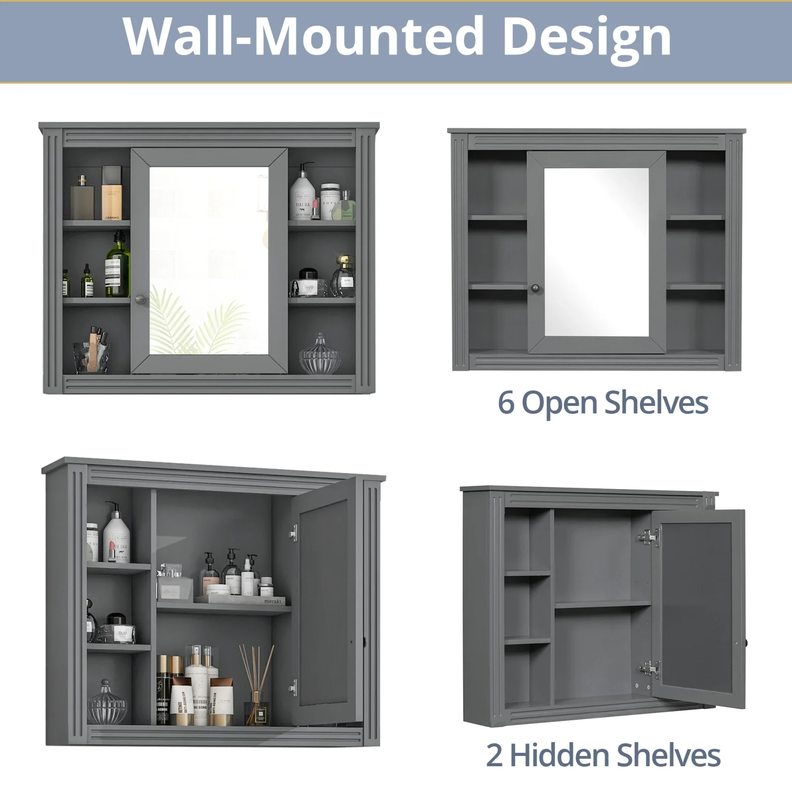 36" Bathroom Vanity Set with Resin Sink and Wall Mounted Mirror Cabinet, Modern Freestanding Single Cabinet Combo with Storage Shelves & 2 Drawers & 2 Soft Closing Doors, Vintage Handles, Gray