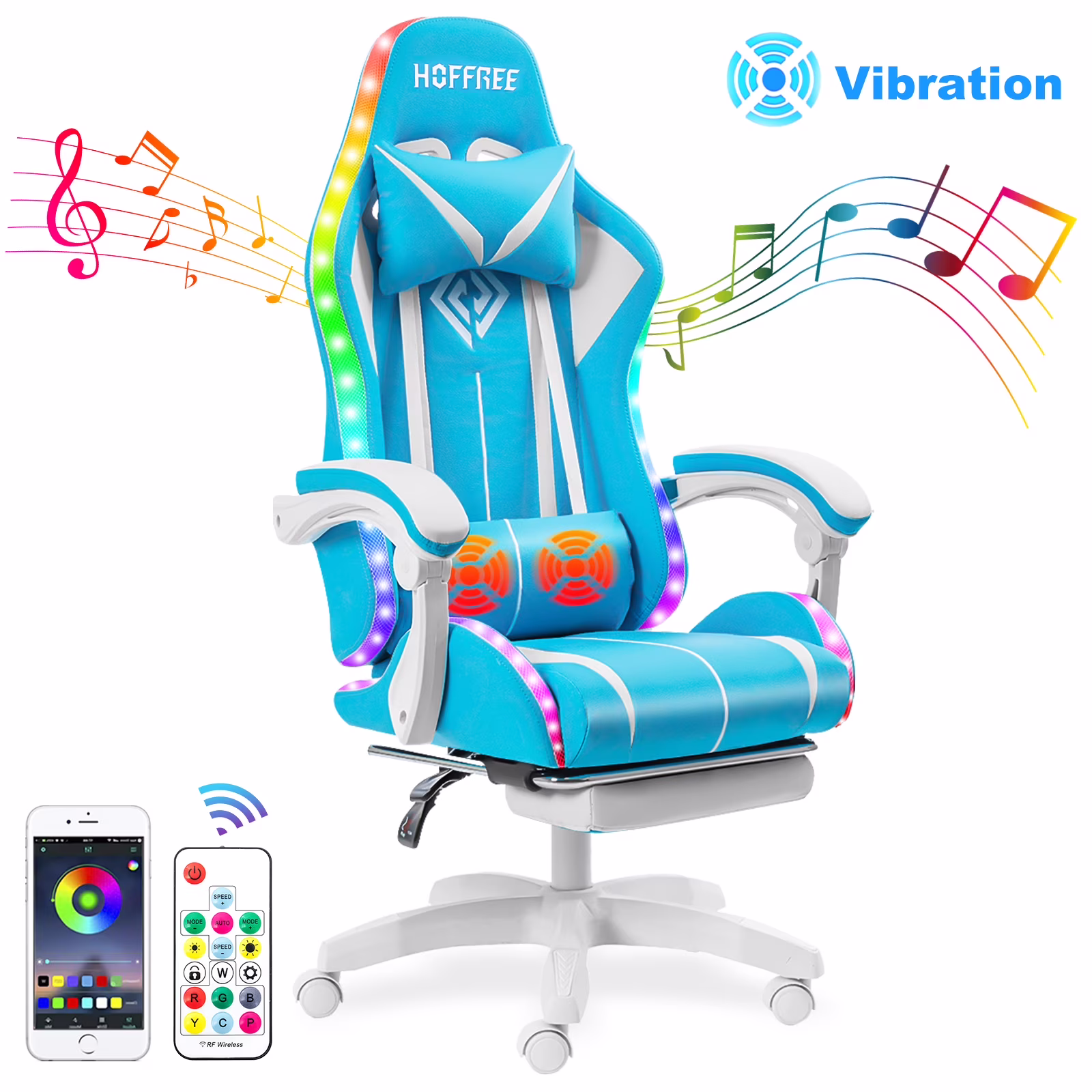 Gaming Chair with Bluetooth Speaker, Ergonomic Massage Racing Chair with RGB Lights, Footrest and Lumbar Support, High Back Office Chair, Heavy Duty Design Gaming Computer Chair(Red with Black) - Image 5