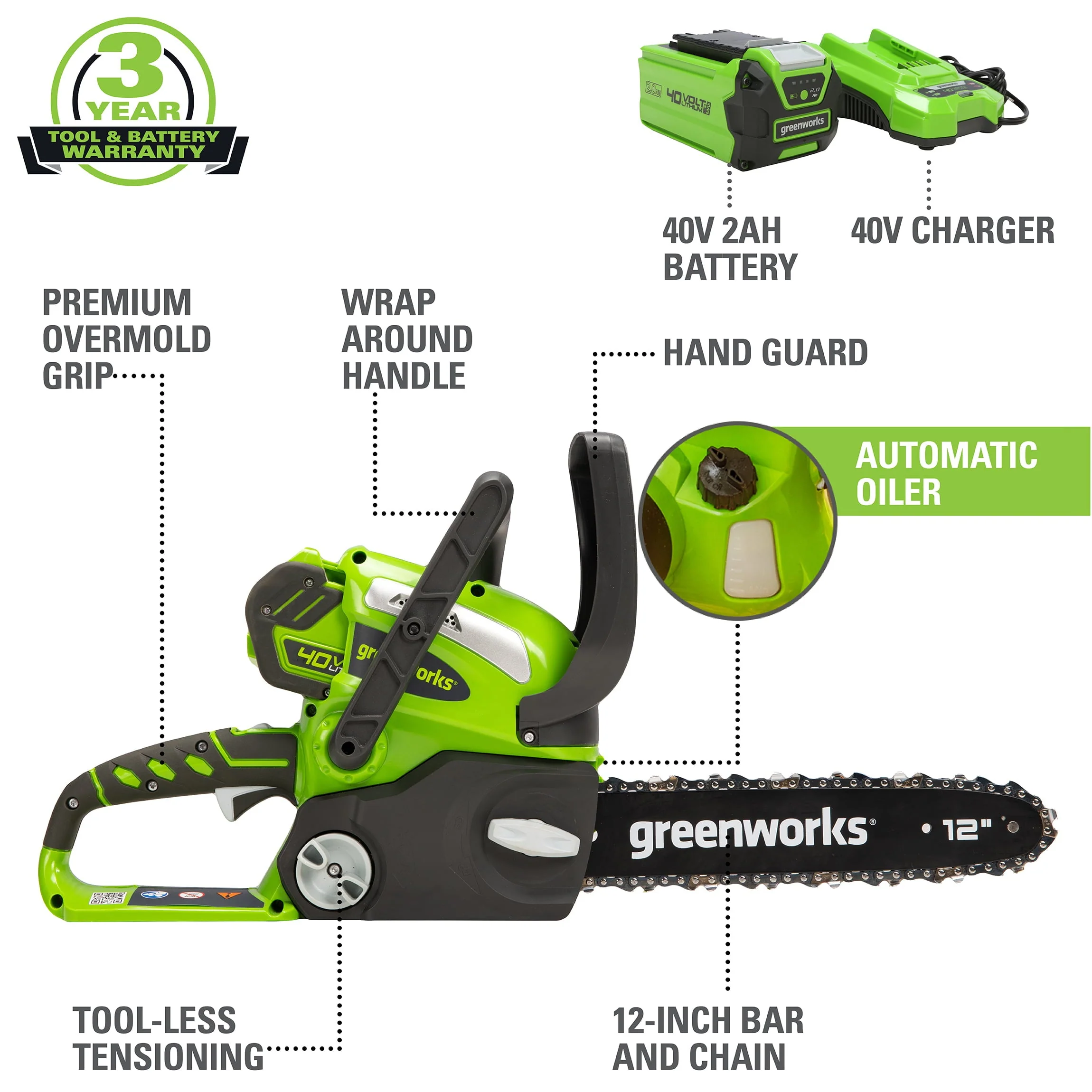 40V 12" Cordless Chainsaw with 2 0 Ah Battery Charger, 20262 Image 2