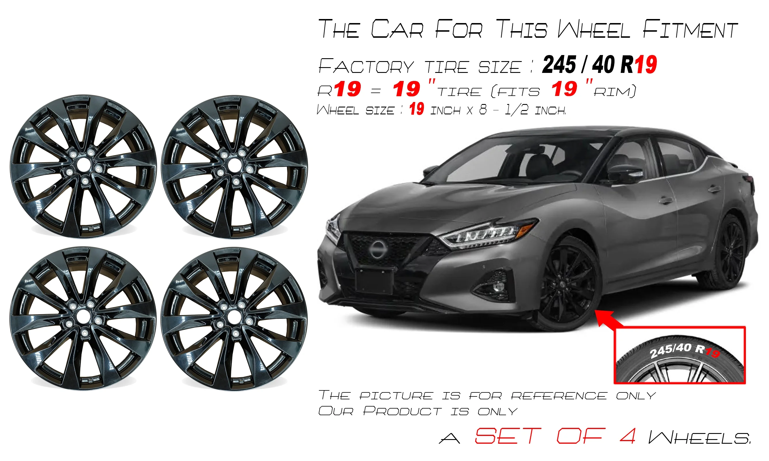 19�� Set of 4 19x8 5 Gloss Black Wheels for Nissan Maxima 2016 2018 OE Style Replacement Rim Image 2