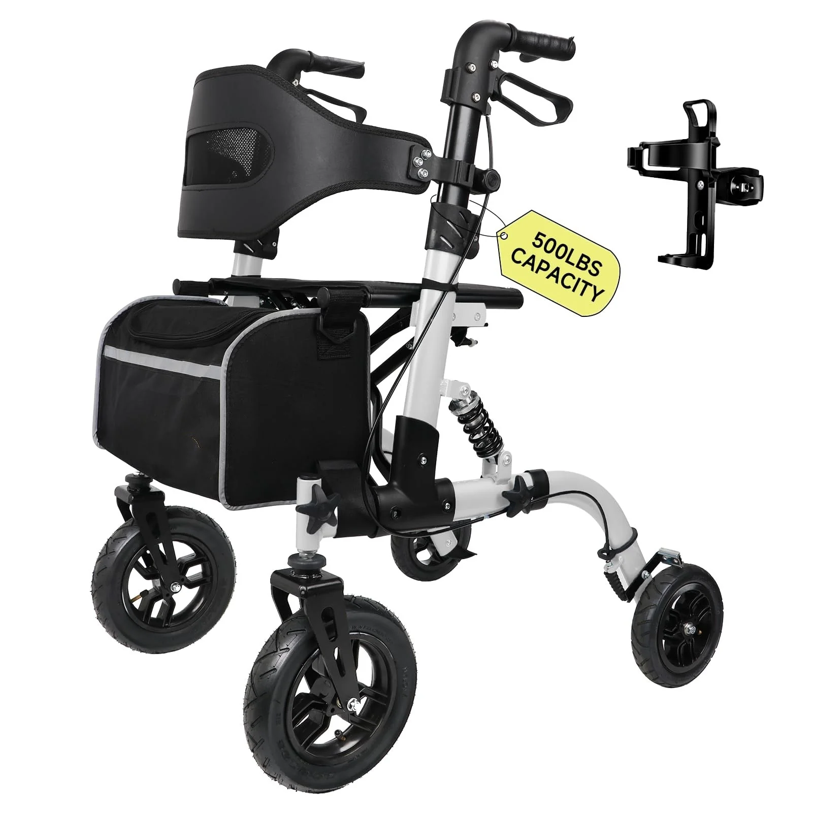 Déambulateur pliable et robuste pour seniors (supportant jusqu'à 227 kg), avec siège, roues avant en caoutchouc de 25 cm, adapté à tous les terrains, porte-gobelet et porte-canne. Convient aux personnes mesurant entre 1,68 m et 2,26 m. Couleur : arge