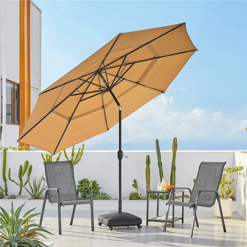 10 Ft Outdoor Patio Parasol with Color-Changing LED Strip, Tan(Beige) - Image 2