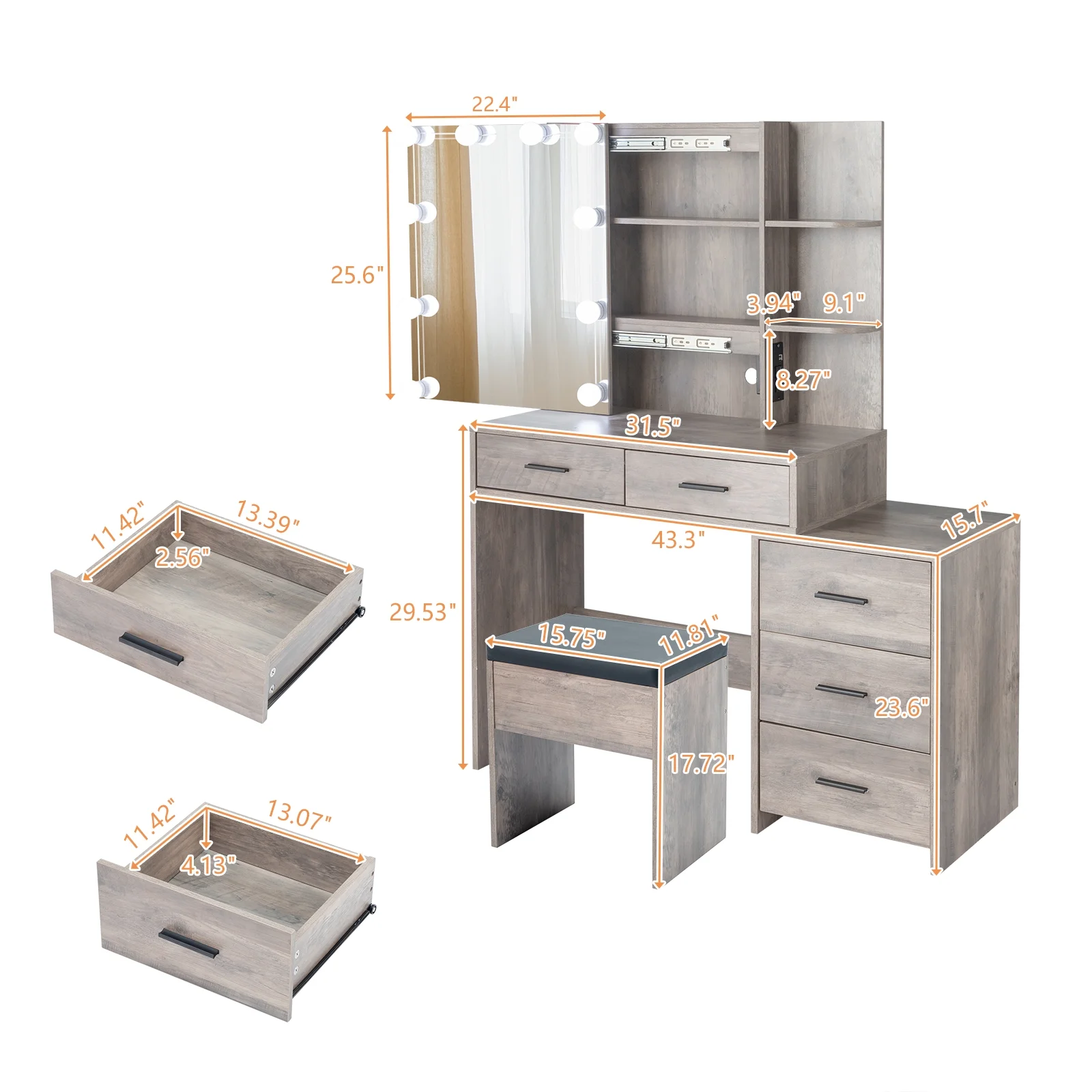 Vanity Set with 3 Color Lighted Mirror Charging Station, Makeup Table with 3 Storage Shelves Drawers, Dressing Table Makeup Desk with Stool,Retro Gray(Type1) - Image 2