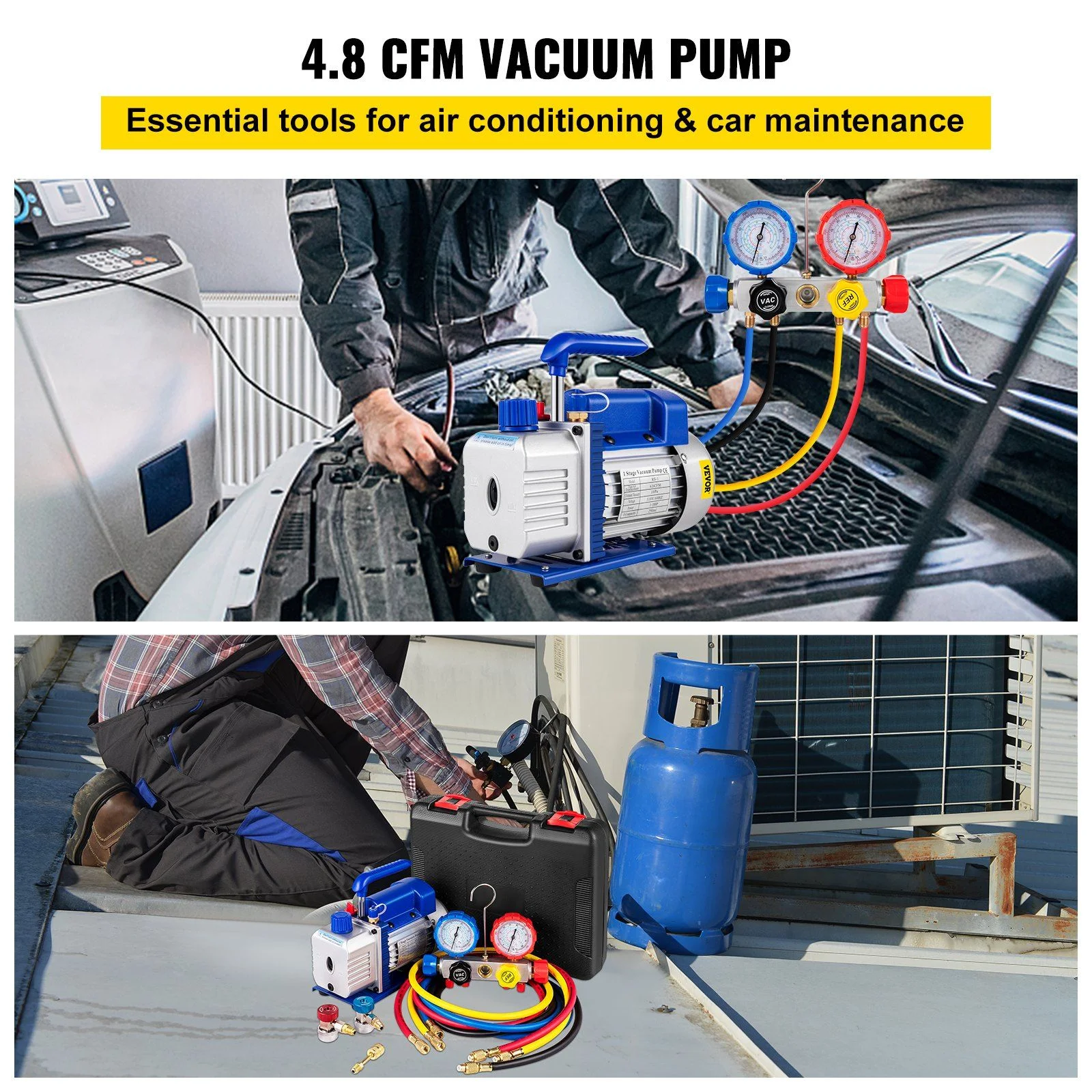 Vacuum Pump 4.8CFM 1/3 HP Single Stage HVAC A/C Refrigeration Kit 5PA Ultimate Vacuum Manifold Gauge Set R410A R134A R22 HVAC AC, 4 - Way Manifold Gauge and Hose for Air Conditioning Systems
