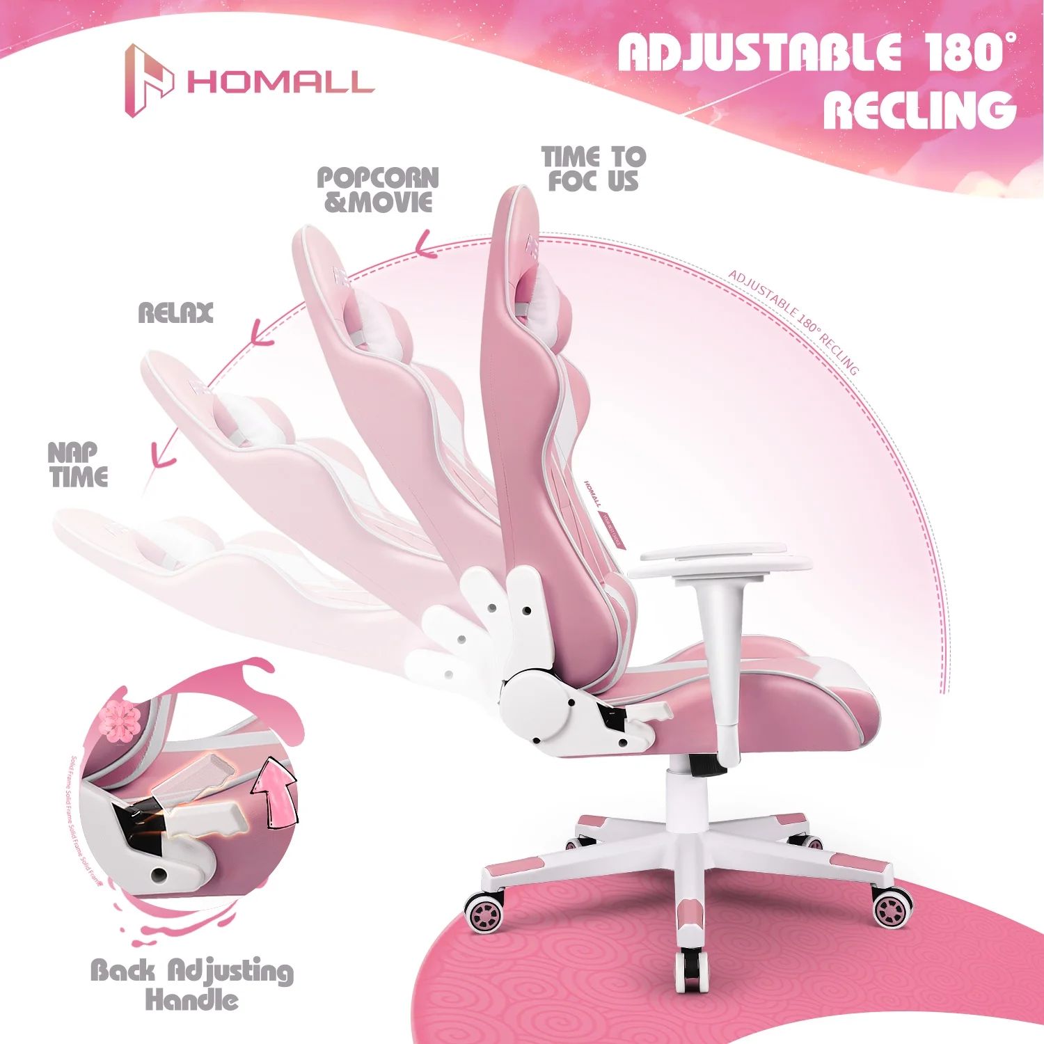 Gaming Chair office Chair with Headrest Lumbar Support, Pink(Pink) - Image 8