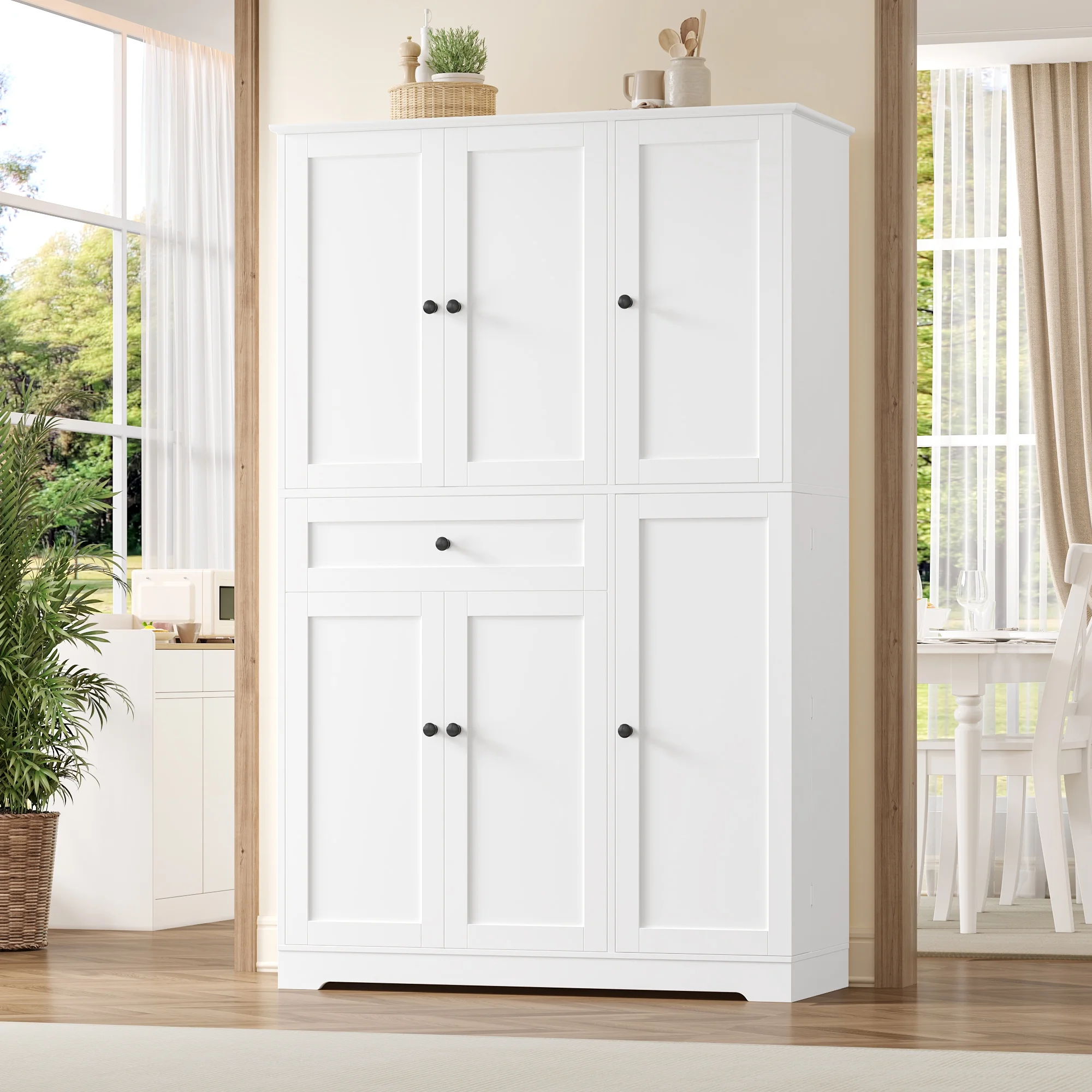 Kitchen Pantry Storage Cabinet, 68" Food Pantry Cabinet with Drawer and Door Shelf, 6 Door Freestanding Cupboard Buffet for Dining Room, White(White) - Image 8