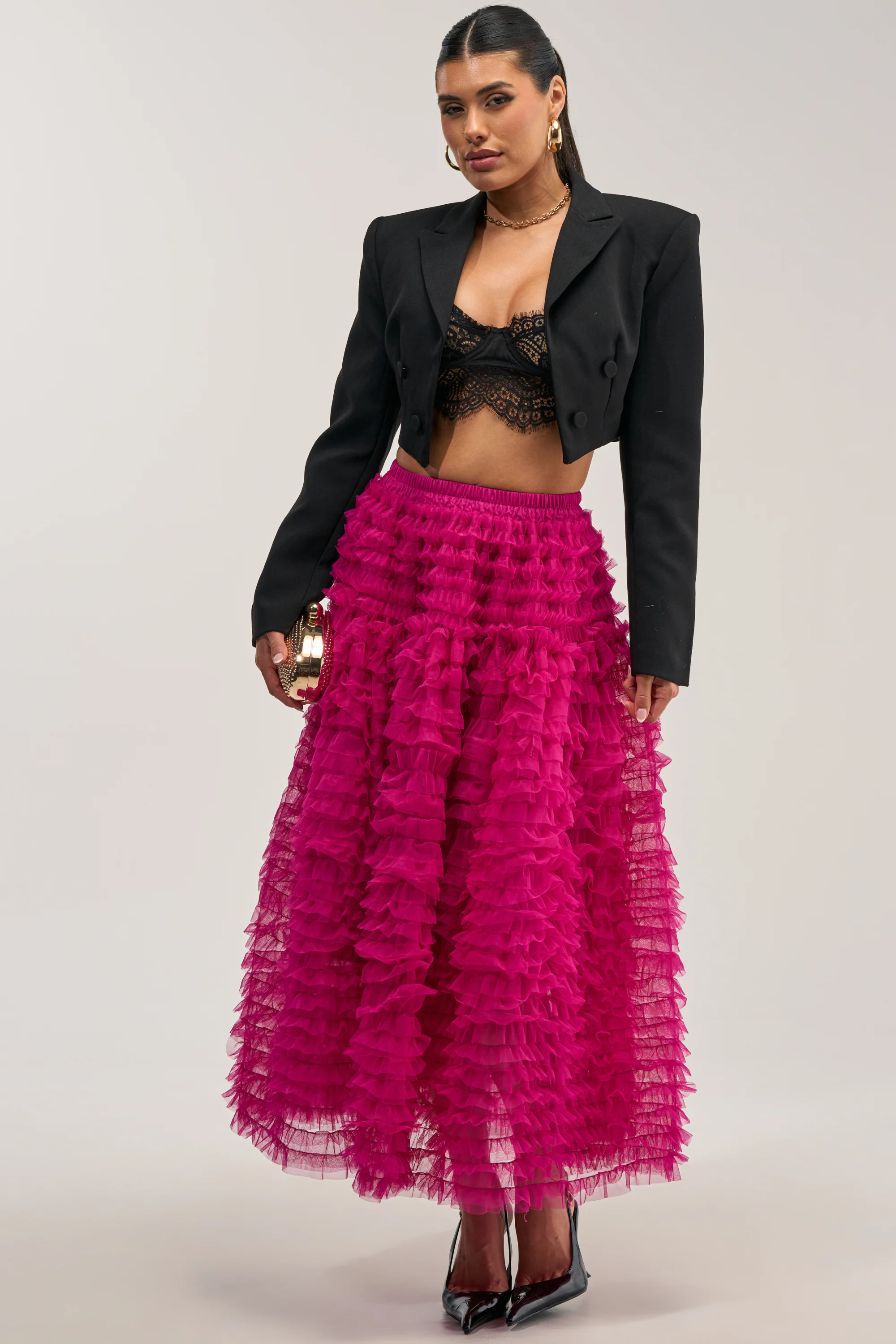 LOVE THE DRAMA MESH MAXI SKIRT IN FUCHSIA - Akira Store