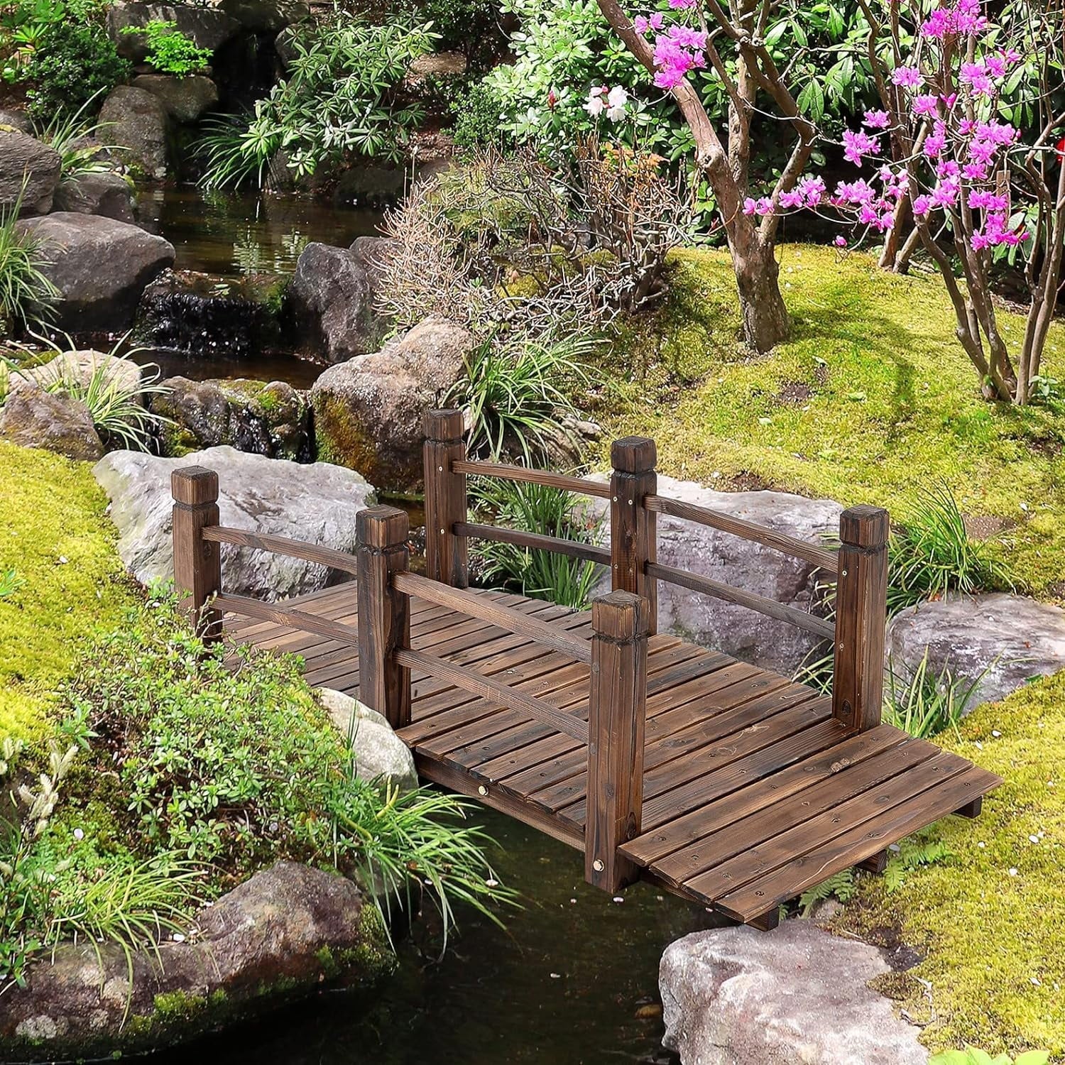 LEEXCCOS Higher Quality & Stronger Wooden Garden Bridge for Outdoors 5ft, More Durable Landscape Arch with Safety Railsm, 500lbs Capacity Decorative Pond Bridge (Stained Wood)