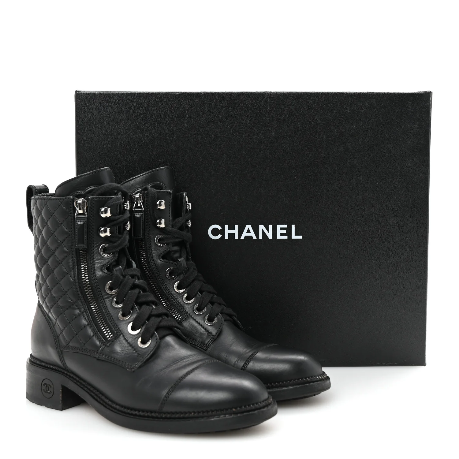 Calfskin Quilted Lace Up Combat Boots 37.5 Black