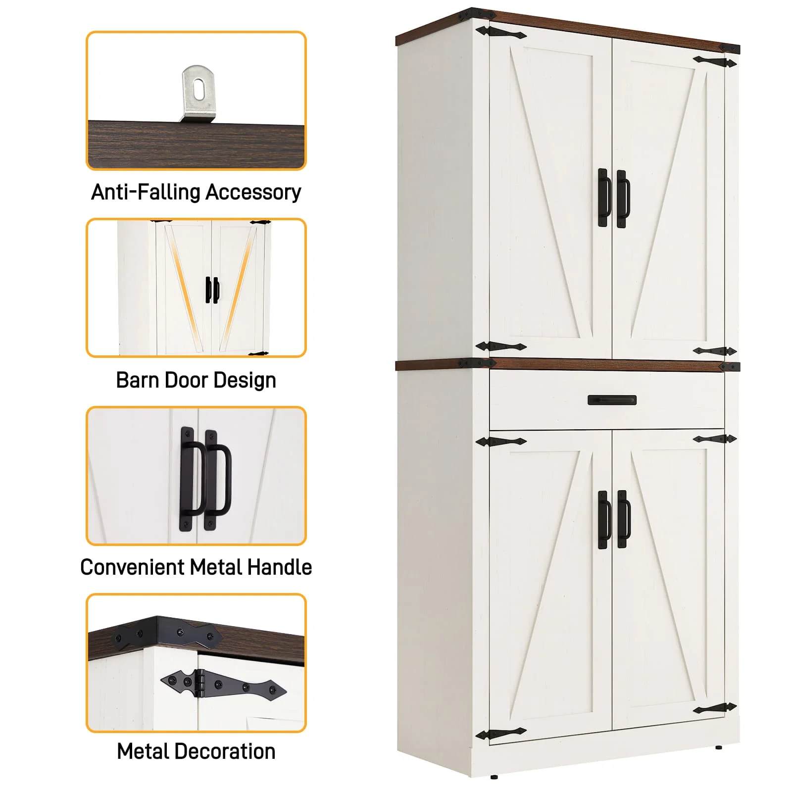 72" Tall Farmhouse Kitchen Pantry Cabinet w/1 Drawer 4 Roomy Storage Shelves, Versatile Wood Storage Cabinet with 4 Barn Door Adjustable Shelves for Dining Room Bathroom Utility Room(White) - Image 7