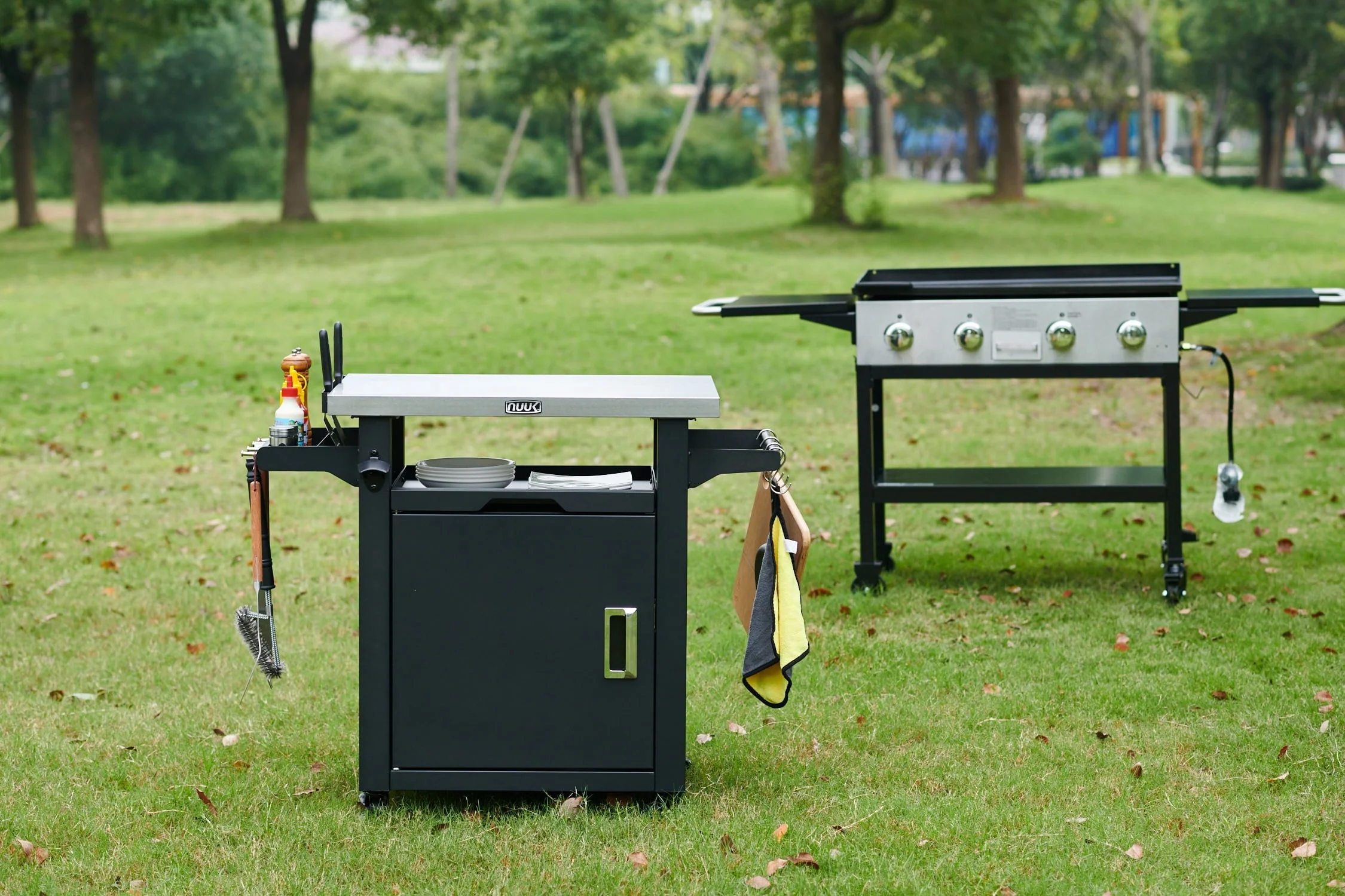 Deluxe 30IN Outdoor Rolling Grill Cook Station, Bar Table with Patio Storage Cabinet and Outdoor Dining Table, Black - Image 4