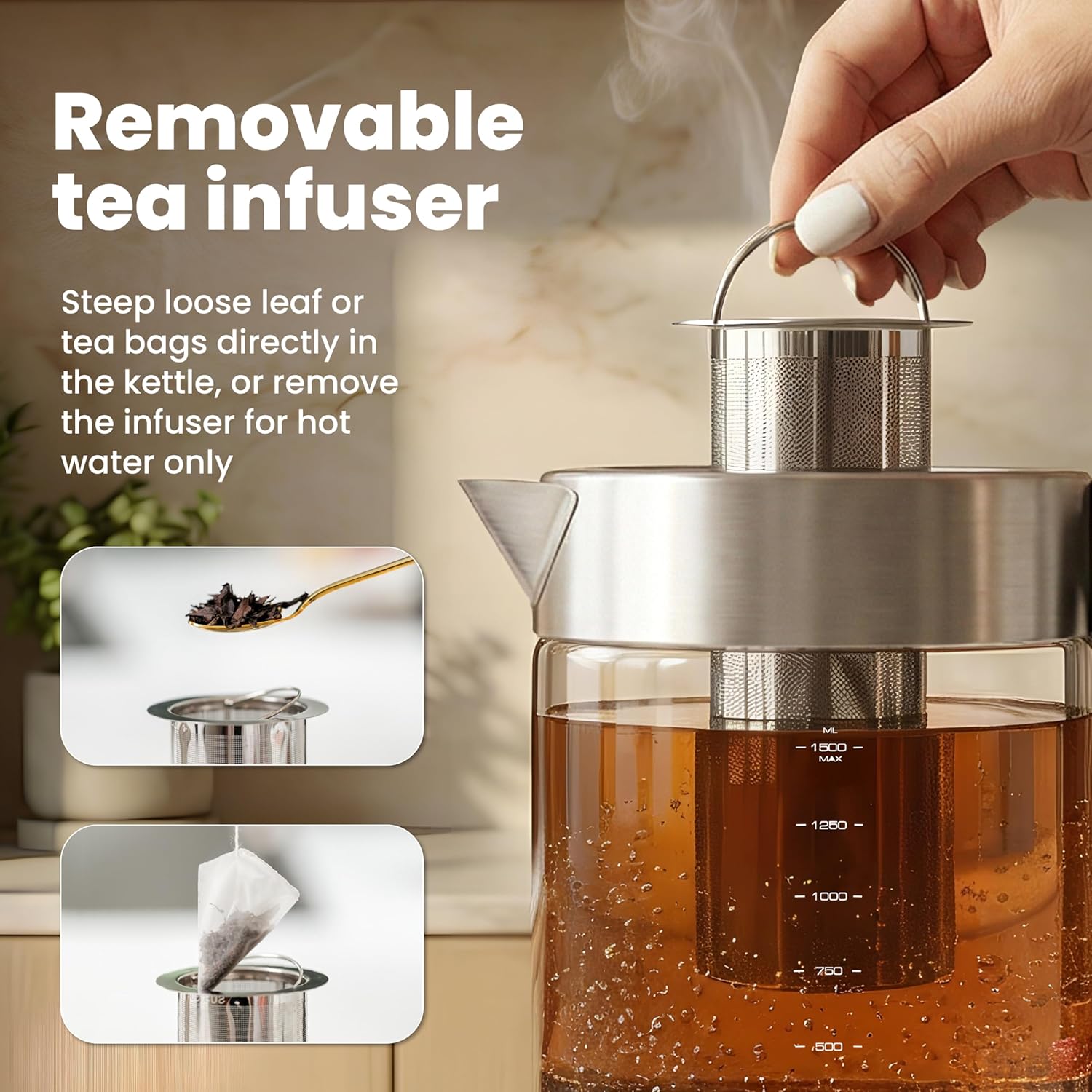Viante Alba Electric Tea Kettle With Infuser, No Plastic, 1.5L