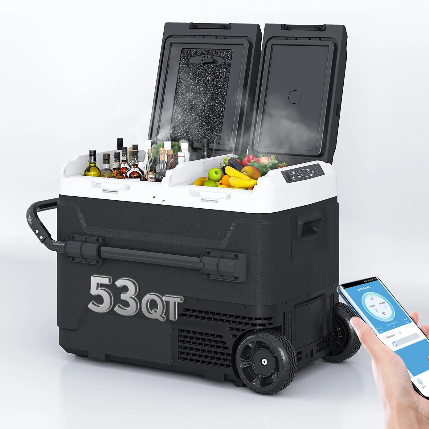DISHUP 12V Portable Car Refrigerator, 53QT(50 L) Electric Cooler with Dual Zone, DC & AC, Ideal for RV, Camping, Travel, Truck