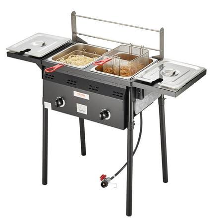VEVOR Outdoor Propane Deep Fryer, Double Burners Commercial Fryer - 16 qt Stainless Steel Cooker with Removable Baskets, Lids, Tanks, Thermometer &