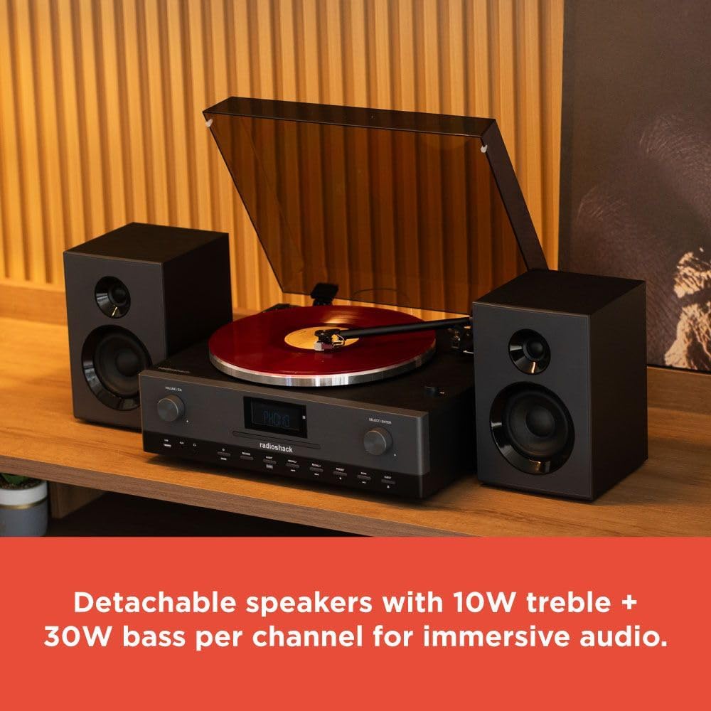 RadioShack Professional Turntable with Speakers  3-Speed Belt-Drive Vinyl Player  Bluetooth Input and Output  FM Radio  CD and USB Playback  Detachable Speakers  Anti-Skating System  Model 4001798