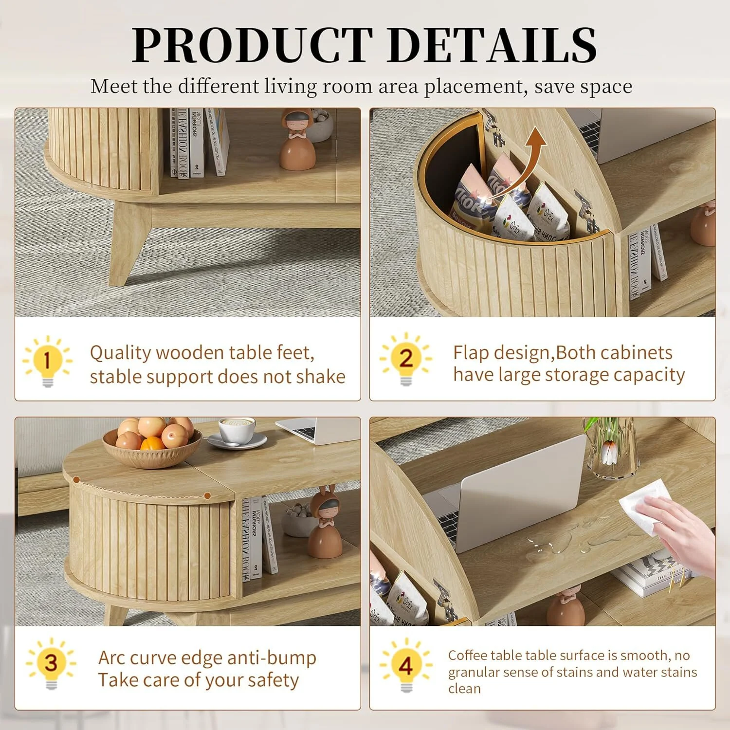 Fluted Coffee Table with Storage, Modern Coffee Tables, Wood Accent Center Table(Wood) - Image 8