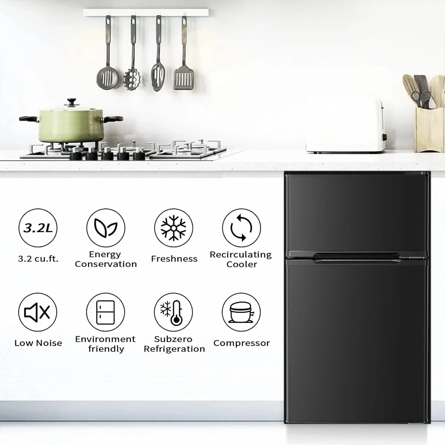 Antarctic Star Compact Mini Refrigerator Separate Freezer, Small Fridge Double 2-Door Adjustable Removable Retro Stainless Steel Shelves Living room/Kitchen/Dorm/Office 3.2 cu ft.Green