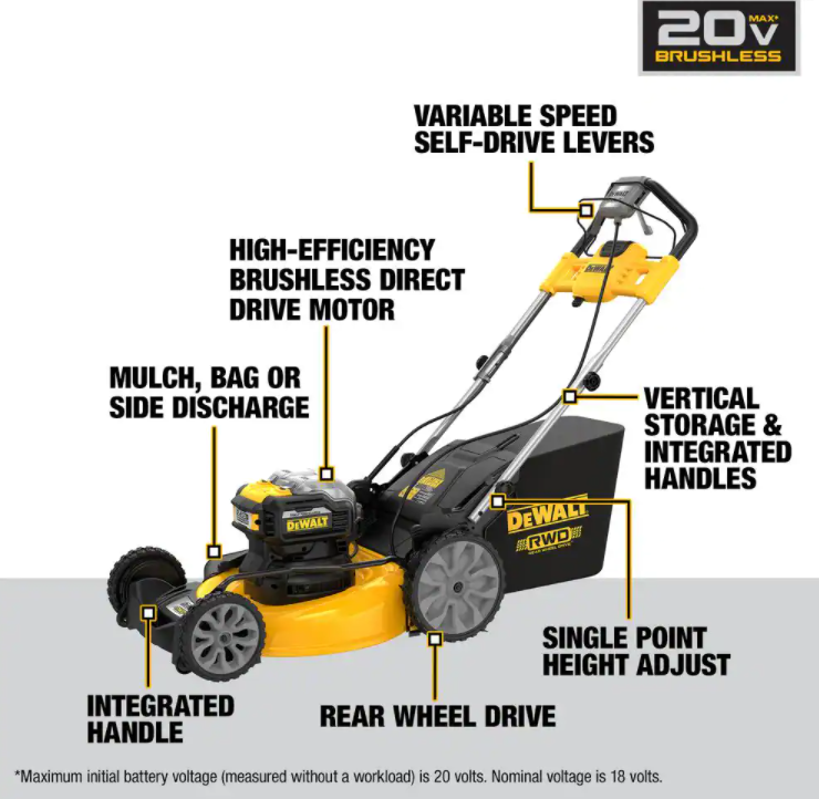 Tondeuse à gazon électrique sans fil DEWALT 21 po 20 V, autotractée et manuelle, avec deux batteries Flexvolt de 12 Ah et chargeur.