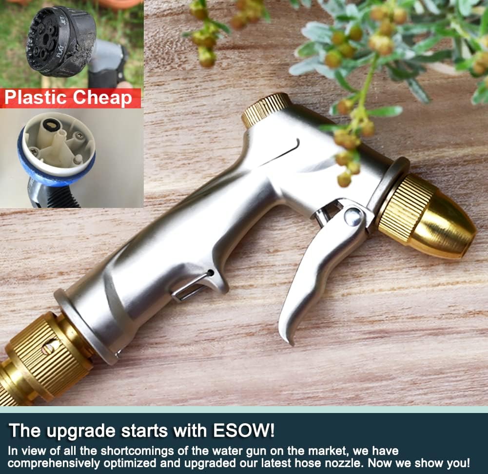 ESOW Garden Hose Nozzle Heavy Duty Metal, Full Brass Pistol Grip 4 Patterns
