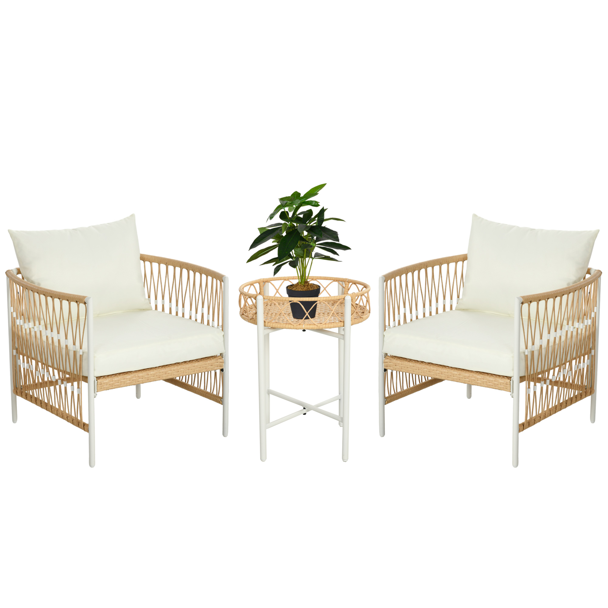 Outsunny 3-delige Bistroset Tuinmeubelset Loungeset, PE-rattan, 72 cm x 66 cm x 64 cm, Geel+Crème