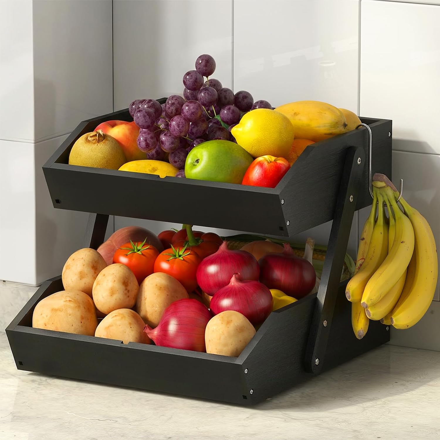 Sevenblue 3-Tier Bamboo Fruit Basket with 2 Banana Holders