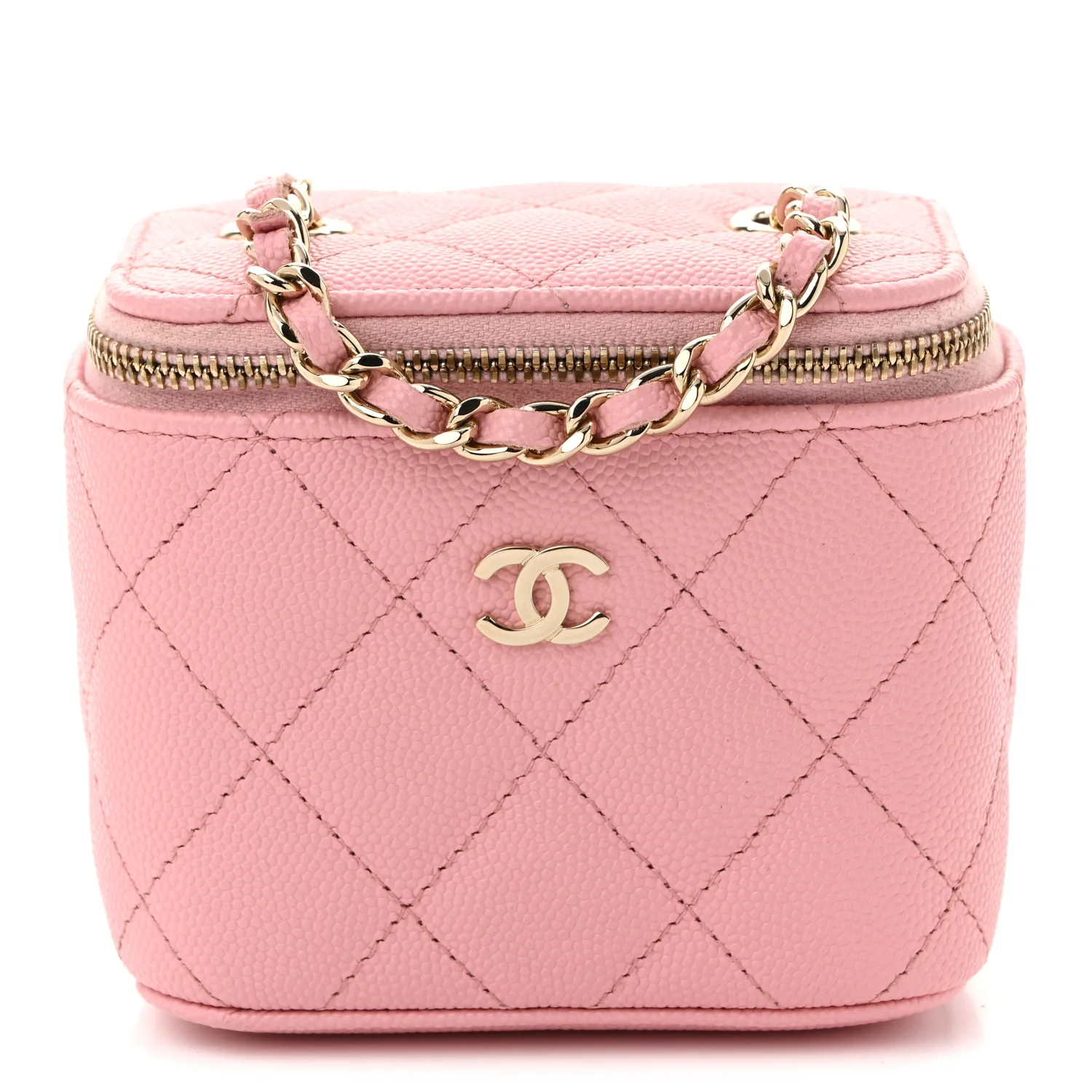 Caviar Quilted Mini Vanity Case With Chain Pink