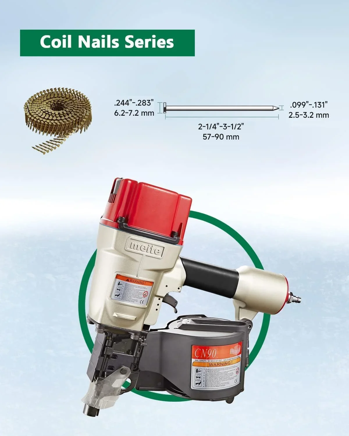 MEITE CN90  Industrial Coil Siding Nailer 15 Degree 2-1/4 to 3-1/2 Pneumatic Coil Nail Gun with Aluminum Housing