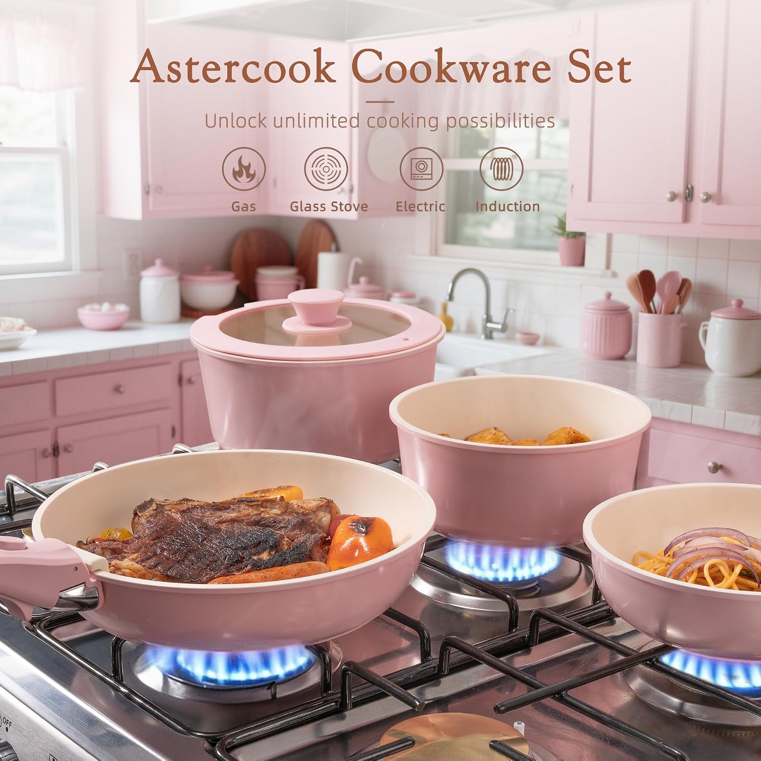 Astercook 21 Pcs Pots and Pans Set Non Stick, Ceramic Cookware Set with Detachable Handle, RV Kitchen Cooking Set with Removable Handles, Oven Safe, Induction Ready, Stackable, Pink, Father's Day Gift for Men