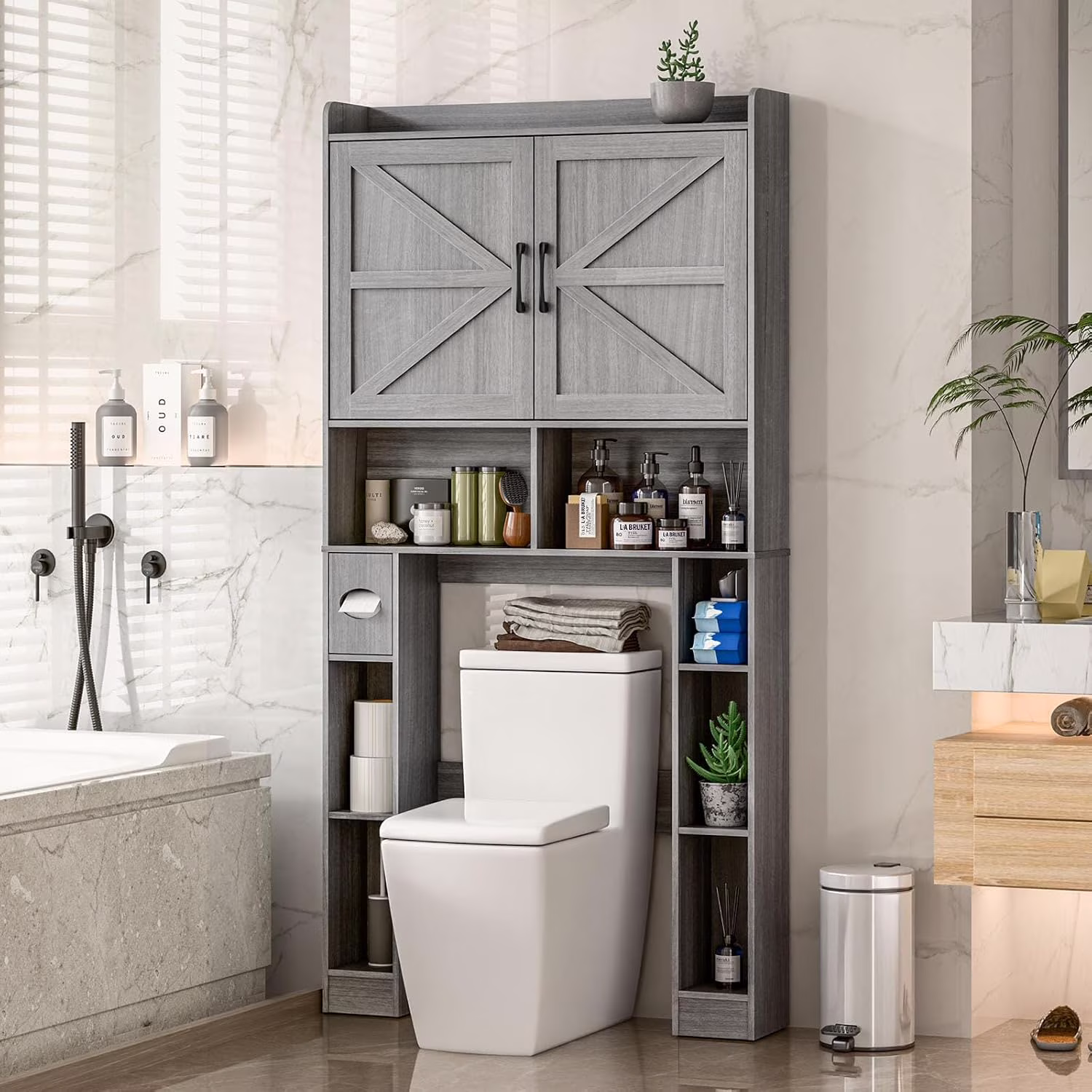 Over The Toilet Storage Cabinet with Toilet Paper Holder Stand, Above Toilet with Adjustable Shelf 2 Doors(Unique White) - Image 3