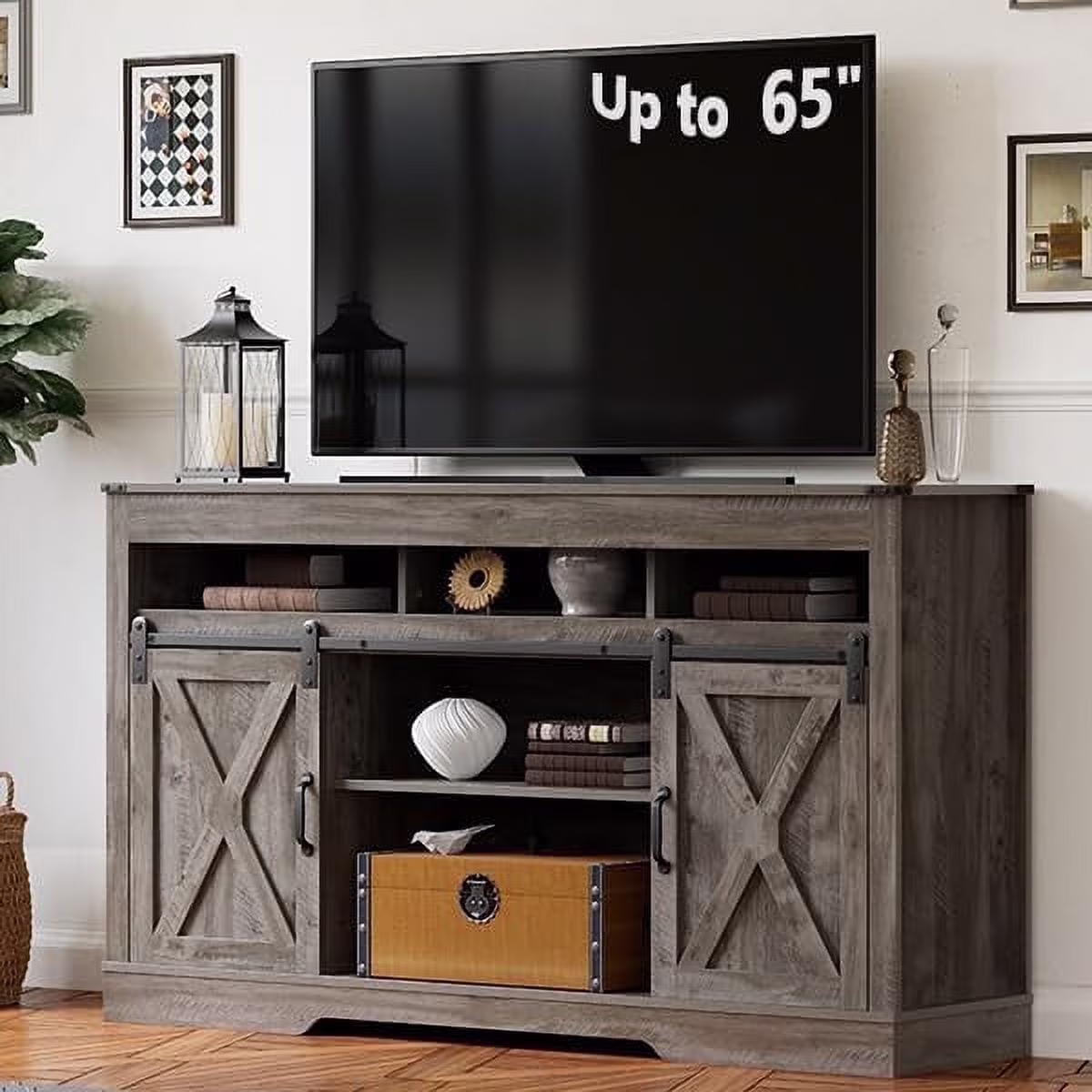 Mayincolor Farmhouse TV Stand for 65+ Inch TV, 34'' Tall Entertainment Center with Sliding Barn Doors, Rustic Wood Media Console Storage Cabinet Television Stand for Living Room, Light Grey
