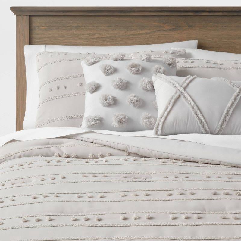 5pc King Clipped Stripe Poms Comforter Bedding Set Gray - Threshold