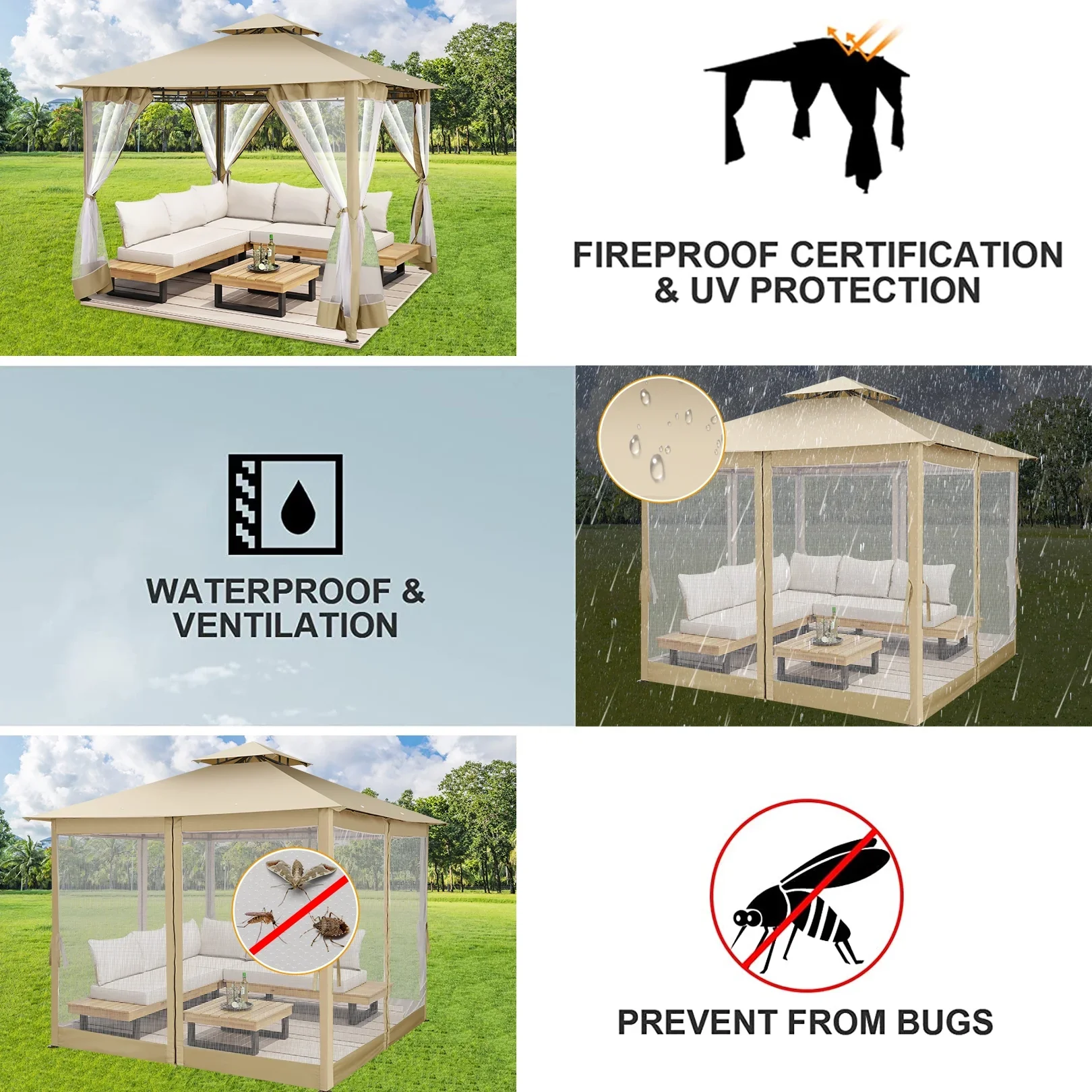 SANOPY 10' x 10' Gazebos for Patios, Gazebo Canopy with 4 Mosquito Netting, Rainproof & Sunscreen Shelter Tent with Double Eaves for Garden Backyard and Deck