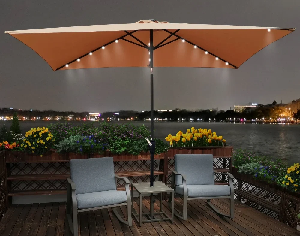 10 x 6.5t Patio Umbrella,Rectangular Picnic Table Umbrella,6-8 Chairs Tilt Umbrella with 26 LED Lights,Waterproof Umbrella Sunshade with Crank and Push Button Tilt for Garden Backyard Pool,LIGHT GREY