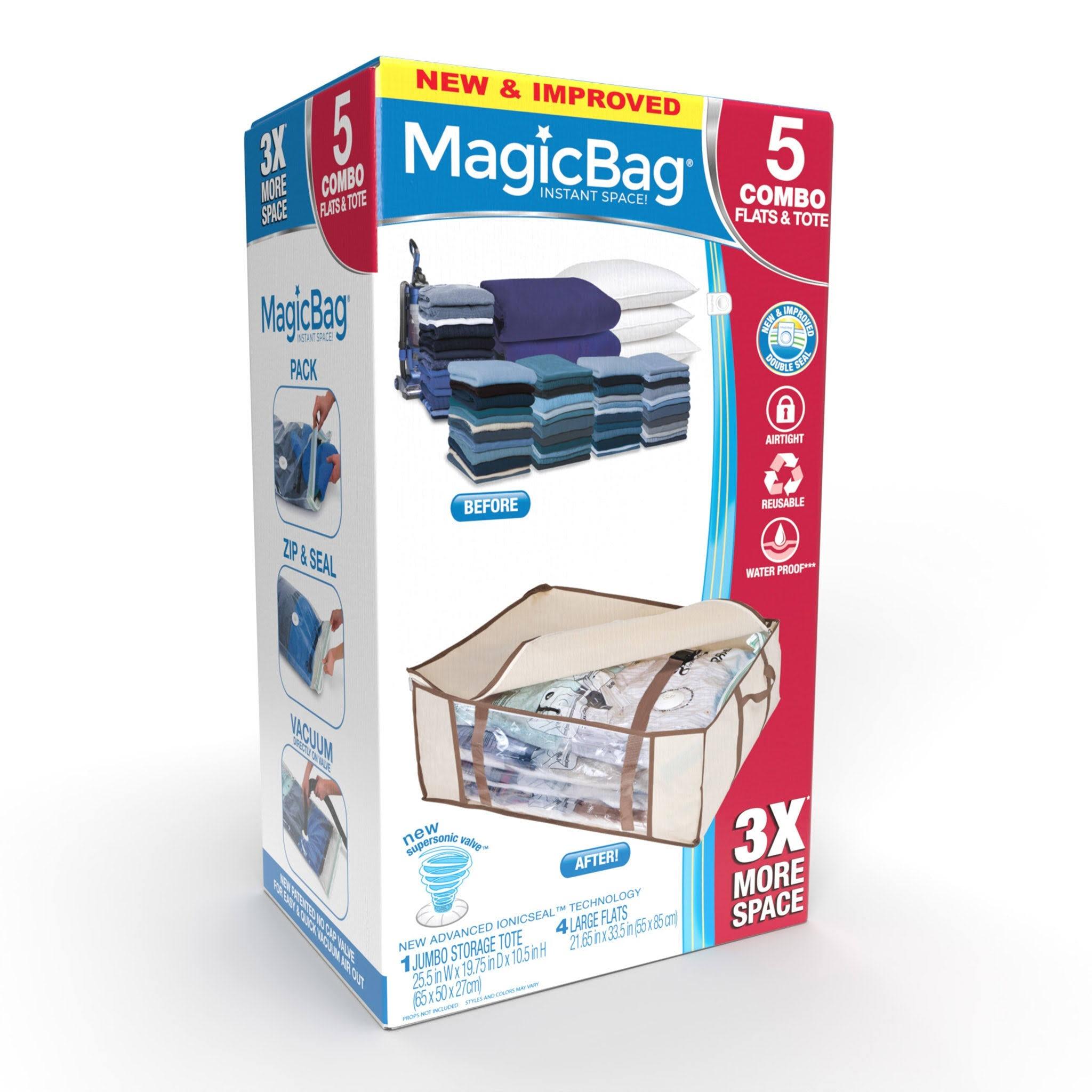 Magicbag Instant Space Saver Storage - 1 Jumbo Tote with 4 Large Flat Compression Bags - Clear
