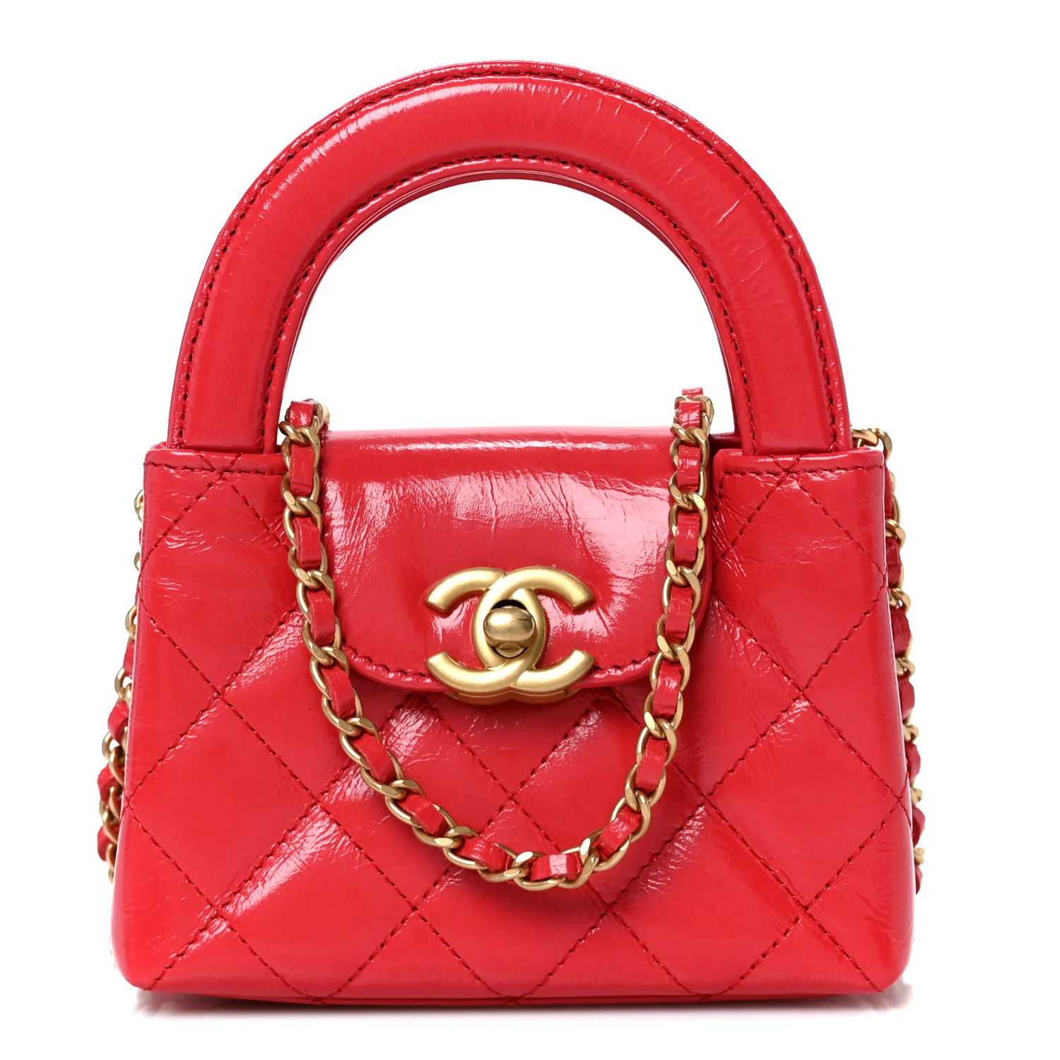 Shiny Aged Calfskin Quilted Mini Nano Kelly Shopper Red