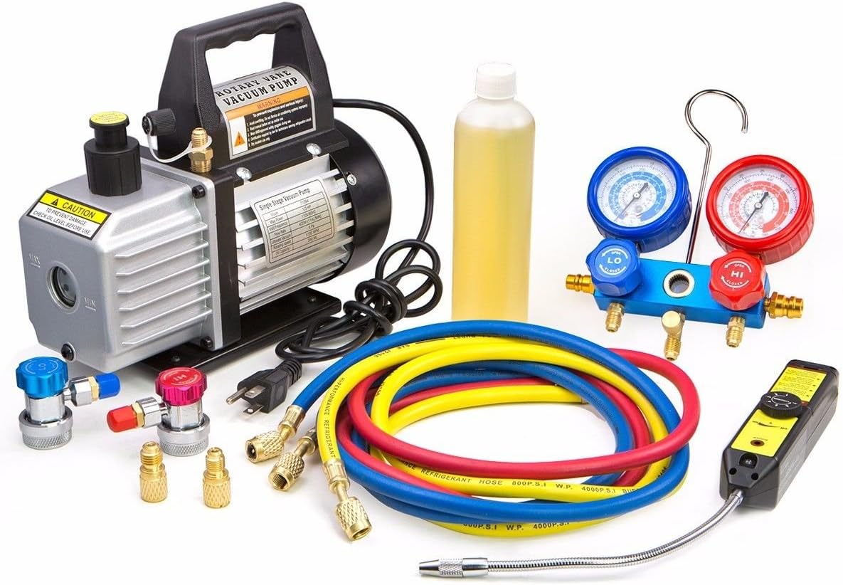 Kit de réfrigération pour climatisation avec pompe à vide d'air 4 CFM de qualité supérieure, manomètre, mallette de transport, robinet R134a avec détecteur de fuites et sac de transport inclus.
