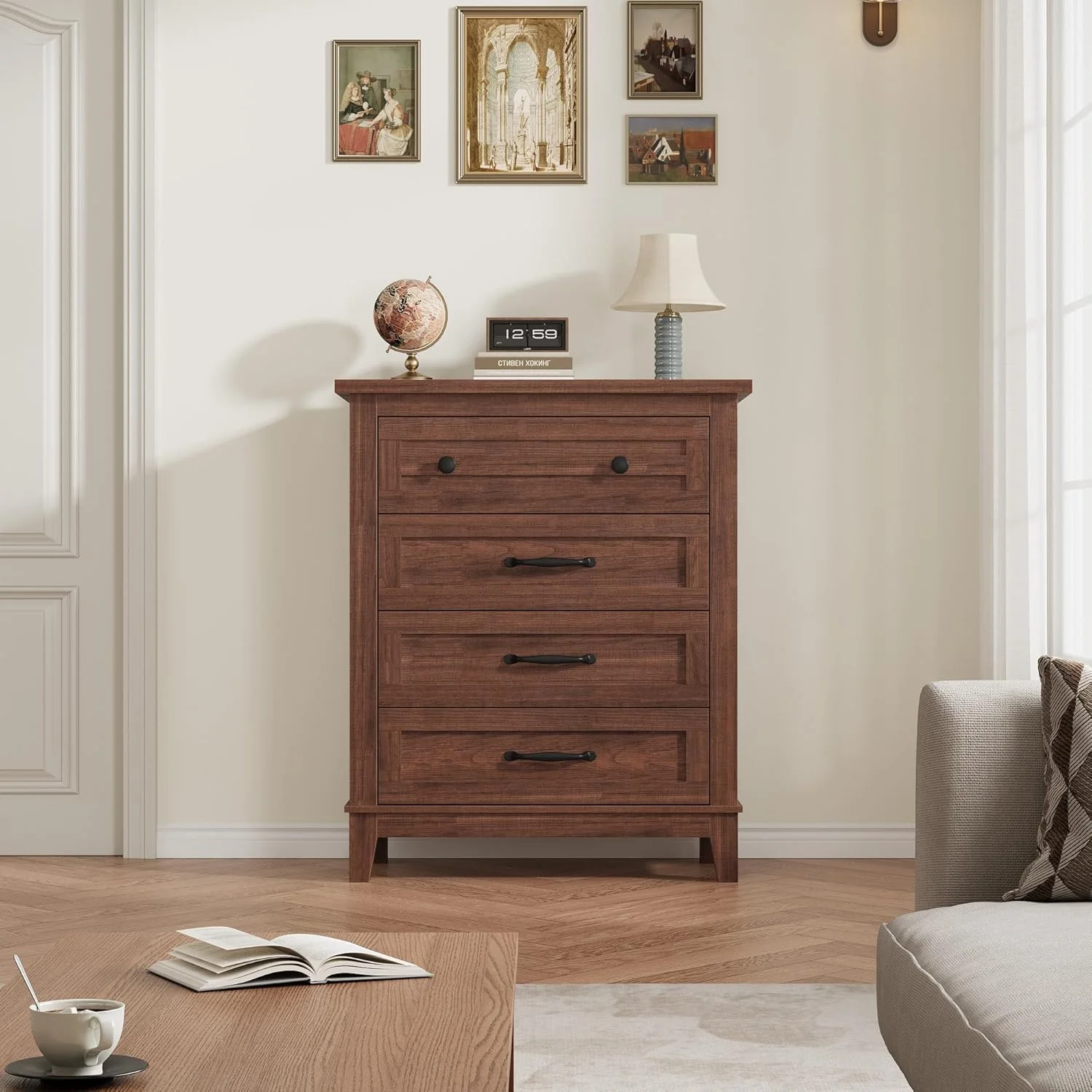 4 Drawer Dresser for Bedroom,34.8" Tall Bedroom Dresser with Large Drawer Black Handles,Wooden Storage Organizer Cabinet Chest of Drawer for Living Room,Hallway(Retro Gray) - Image 10
