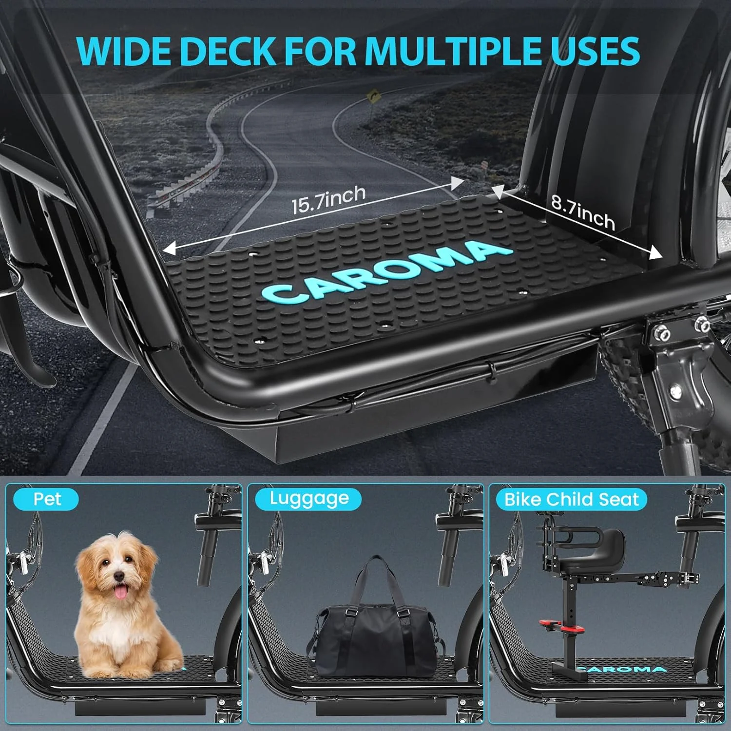 Trottinette électrique pliable Caroma Peak 800W pour adultes, avec pneus de 20 pouces de large, batterie 48V, panier et siège réglable.